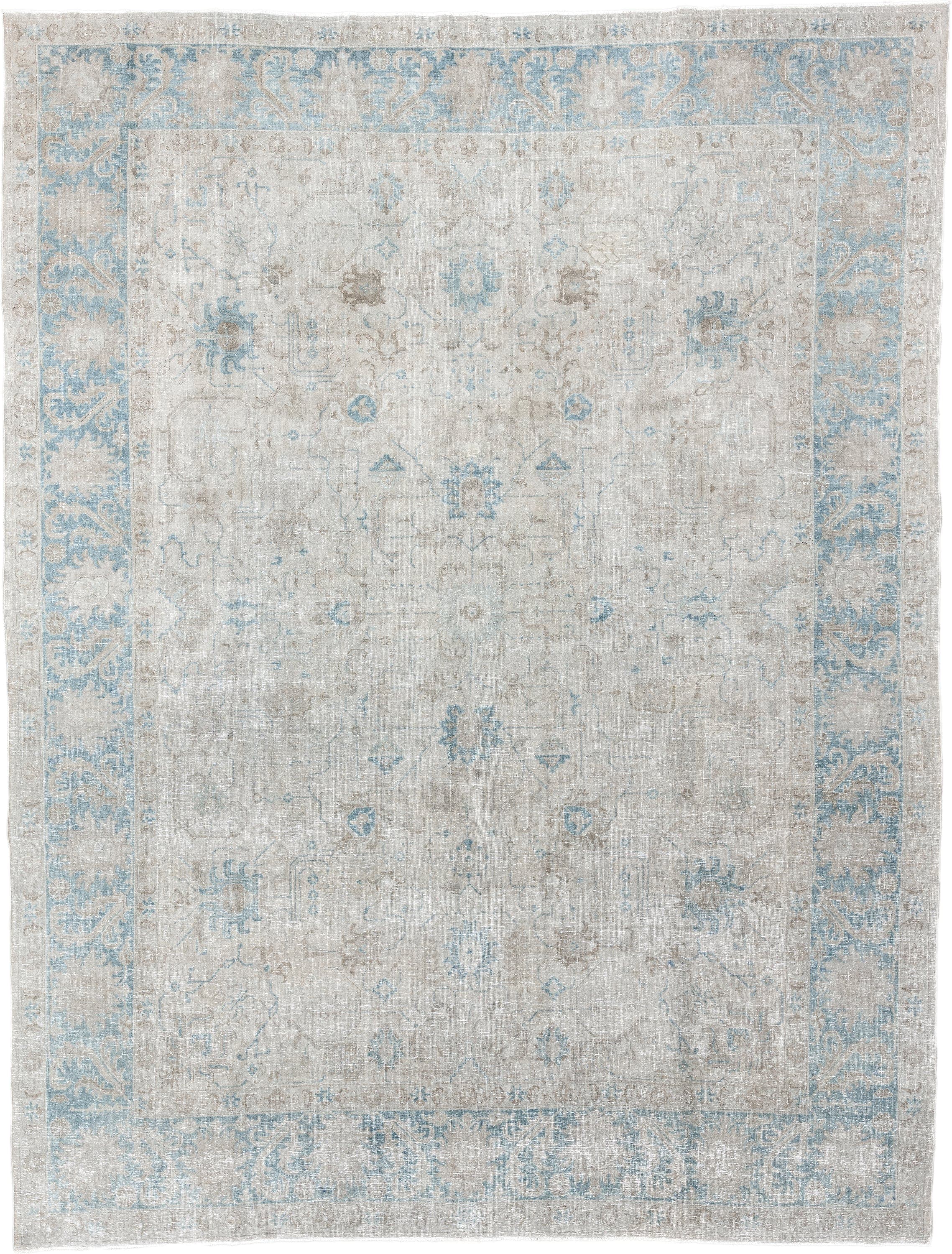 9' x 12' one-of-a-kind handmade antique Tabriz large size rug. Color palette: ivory, light blue, taupe, beige, soft gray