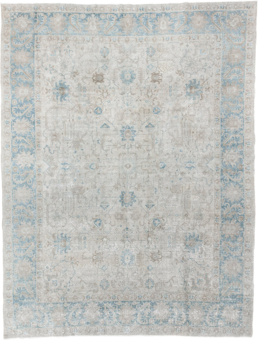 9' x 12' one-of-a-kind handmade antique Tabriz large size rug. Color palette: ivory, light blue, taupe, beige, soft gray