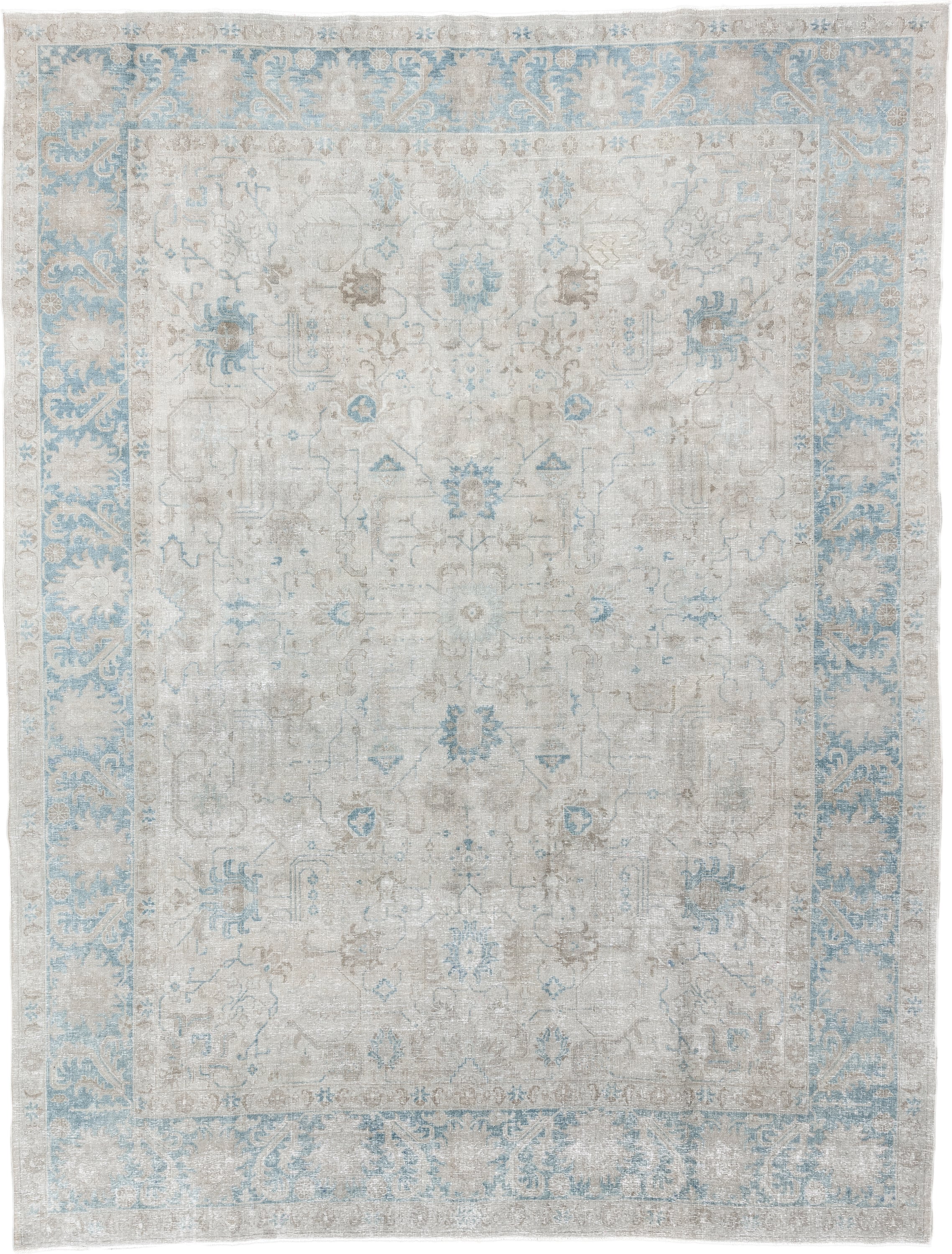 9' x 12' one-of-a-kind handmade antique Tabriz large size rug. Color palette: ivory, light blue, taupe, beige, soft gray