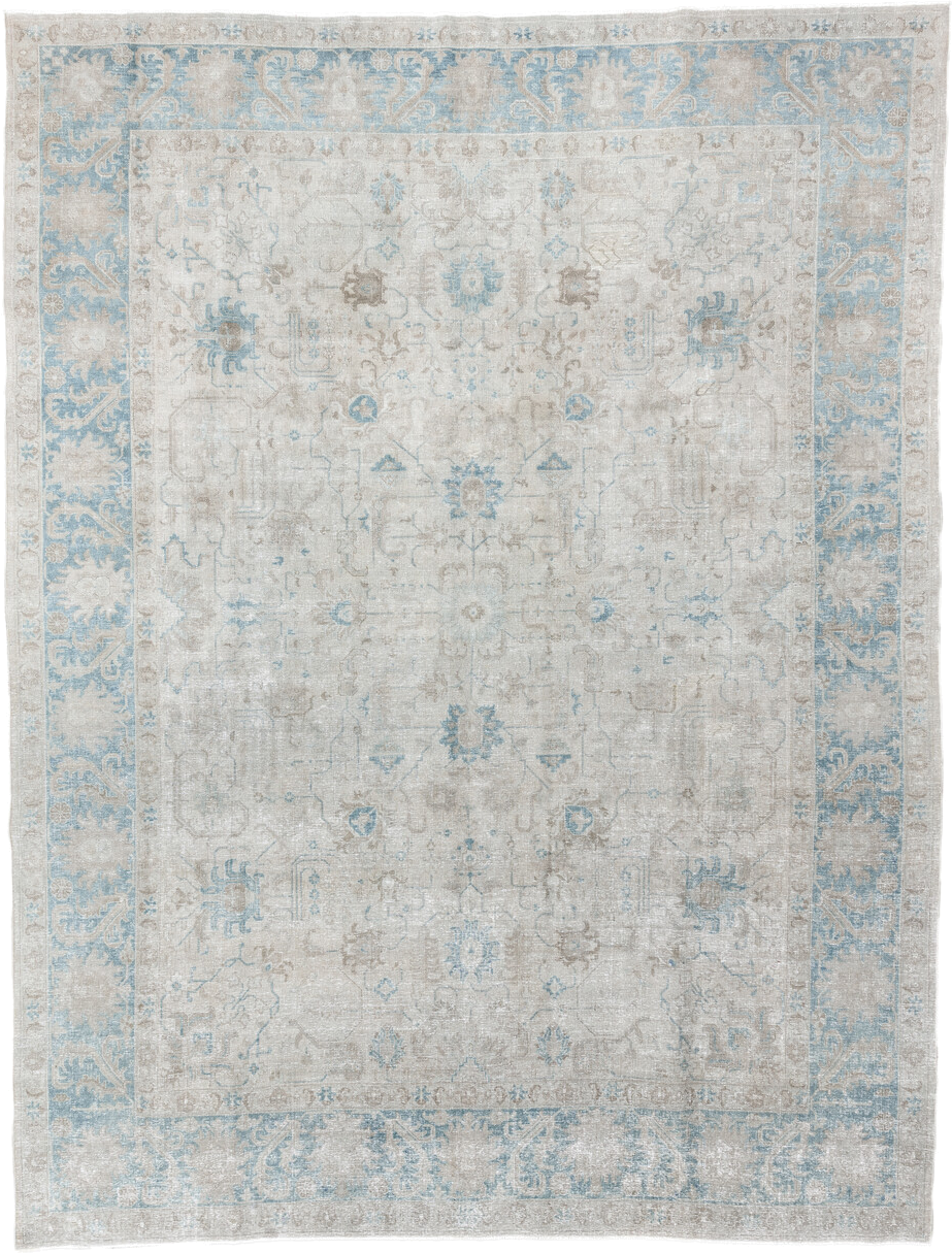 9' x 12' one-of-a-kind handmade antique Tabriz large size rug. Color palette: ivory, light blue, taupe, beige, soft gray