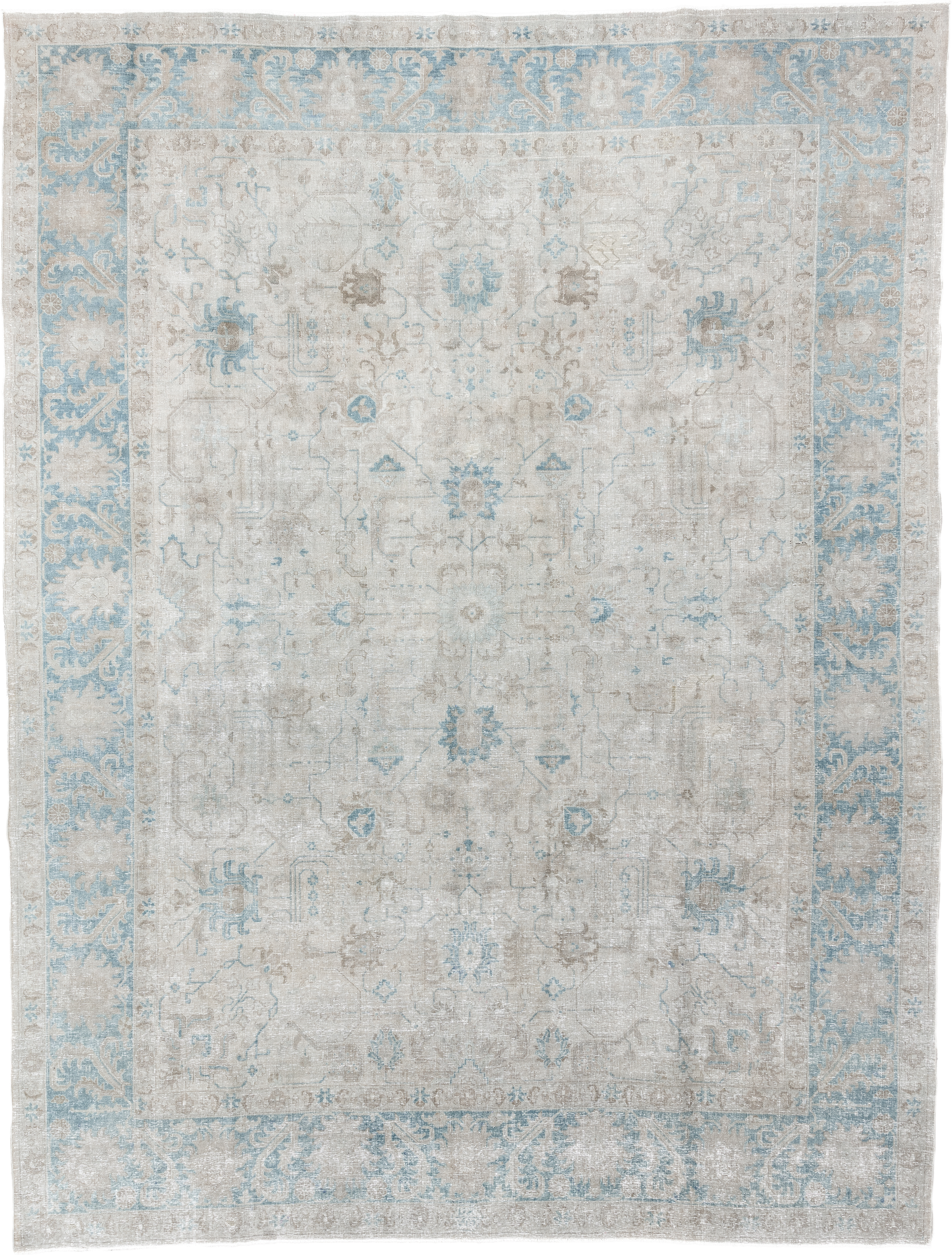 9' x 12' one-of-a-kind handmade antique Tabriz large size rug. Color palette: ivory, light blue, taupe, beige, soft gray