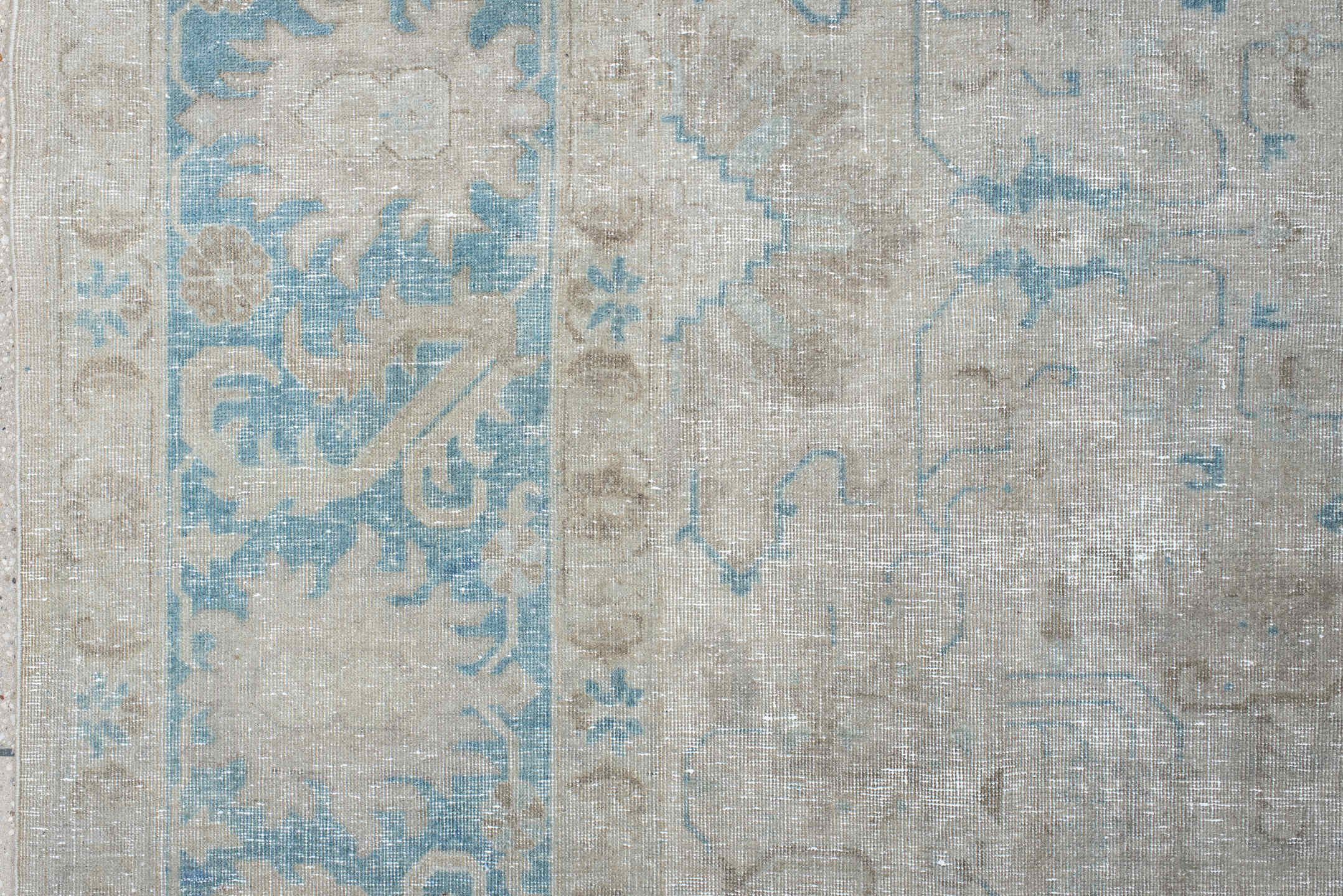 9' x 12' one-of-a-kind handmade antique Tabriz large size rug. Color palette: ivory, light blue, taupe, beige, soft gray