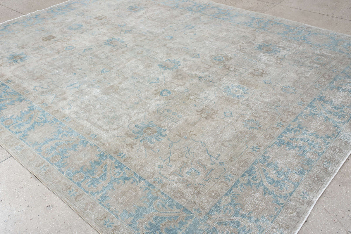 9' x 12' one-of-a-kind handmade antique Tabriz large size rug. Color palette: ivory, light blue, taupe, beige, soft gray