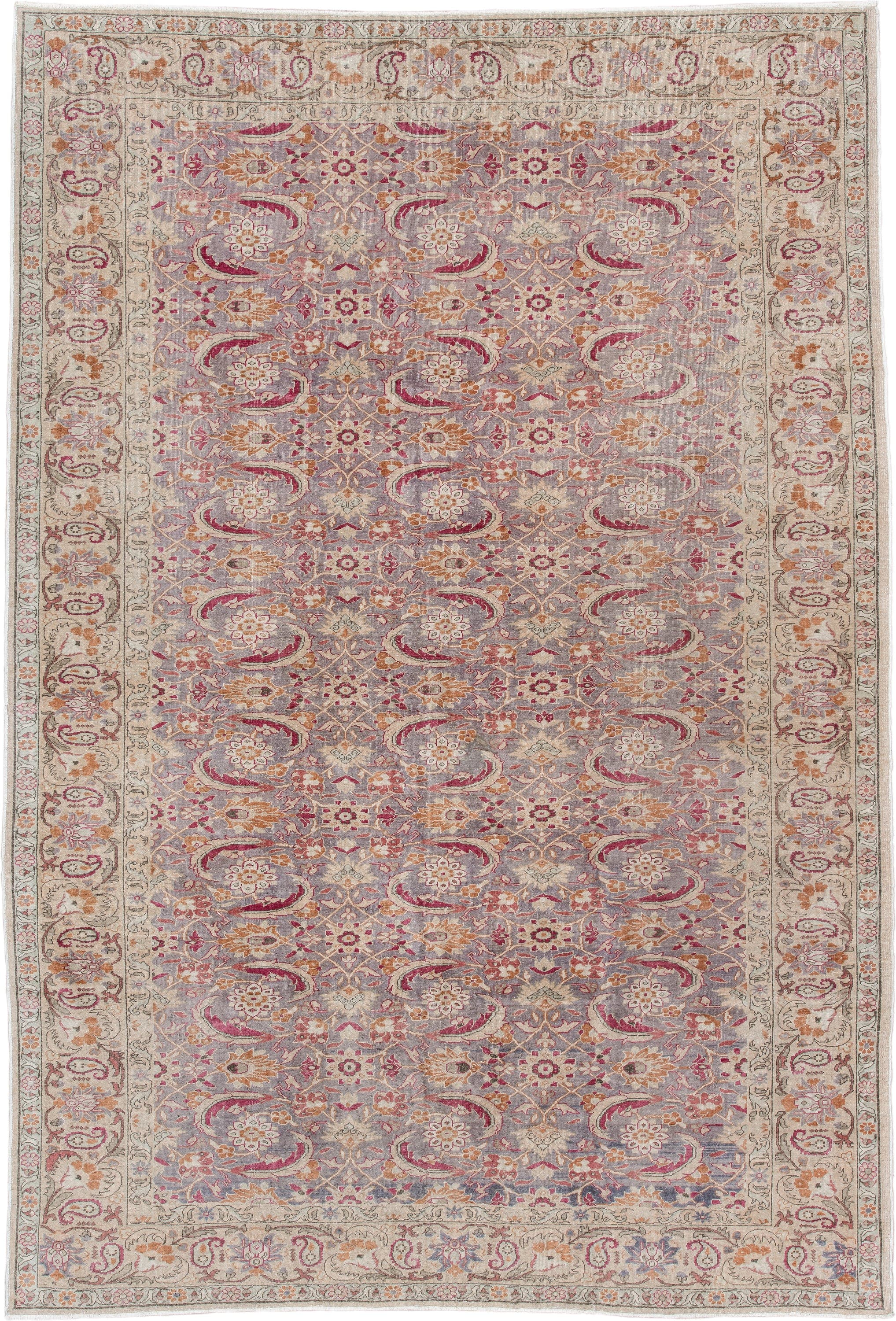 7' x 10' one-of-a-kind handmade antique Sivas large size rug. Color palette: ivory, lavender, rose, rust, gold, taupe, sage