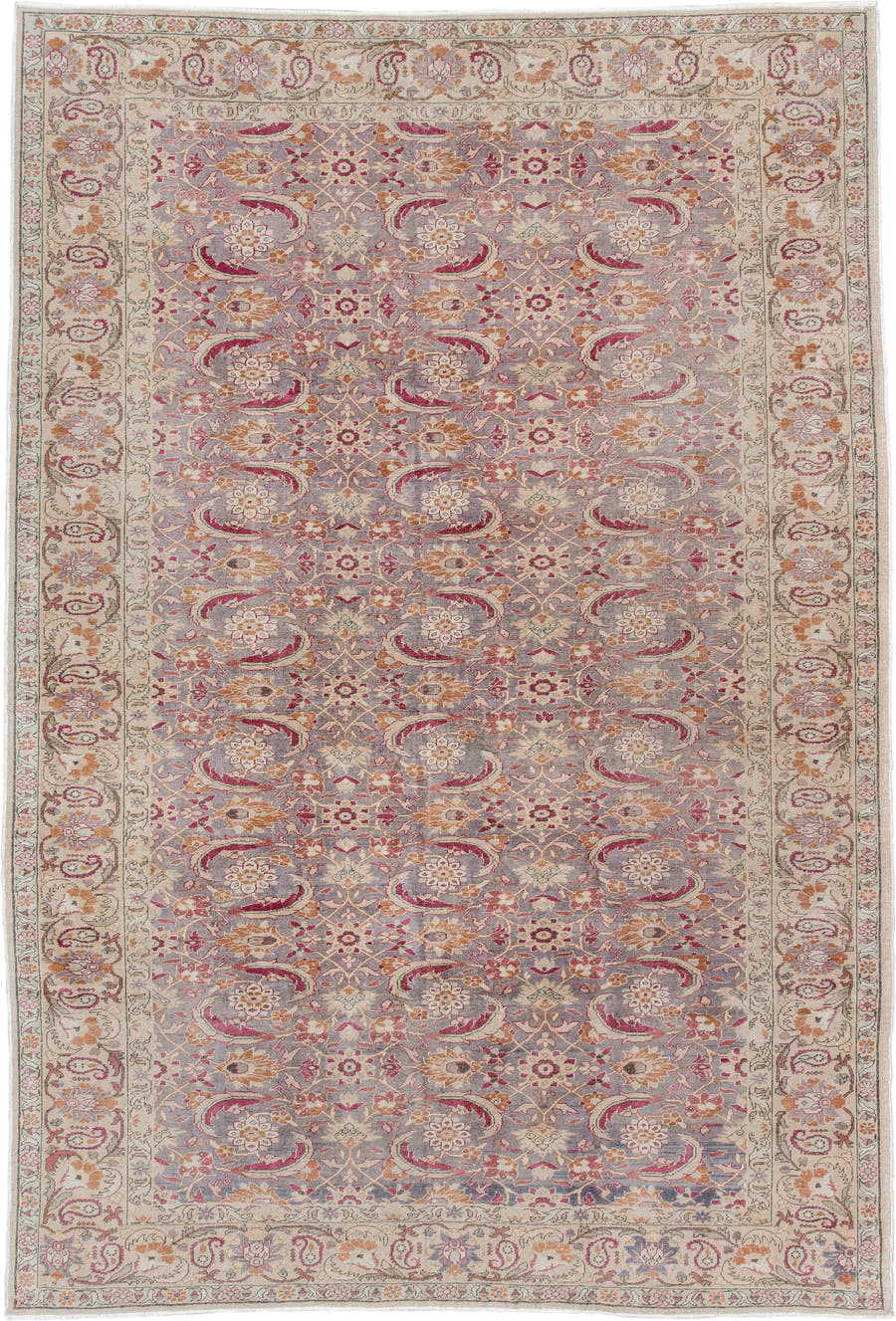 7' x 10' one-of-a-kind handmade antique Sivas large size rug. Color palette: ivory, lavender, rose, rust, gold, taupe, sage