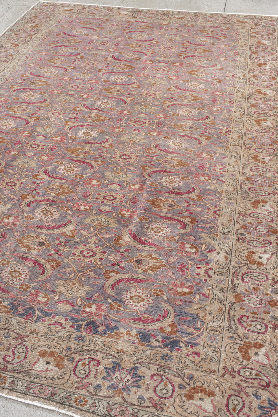 7' x 10' one-of-a-kind handmade antique Sivas large size rug. Color palette: ivory, lavender, rose, rust, gold, taupe, sage