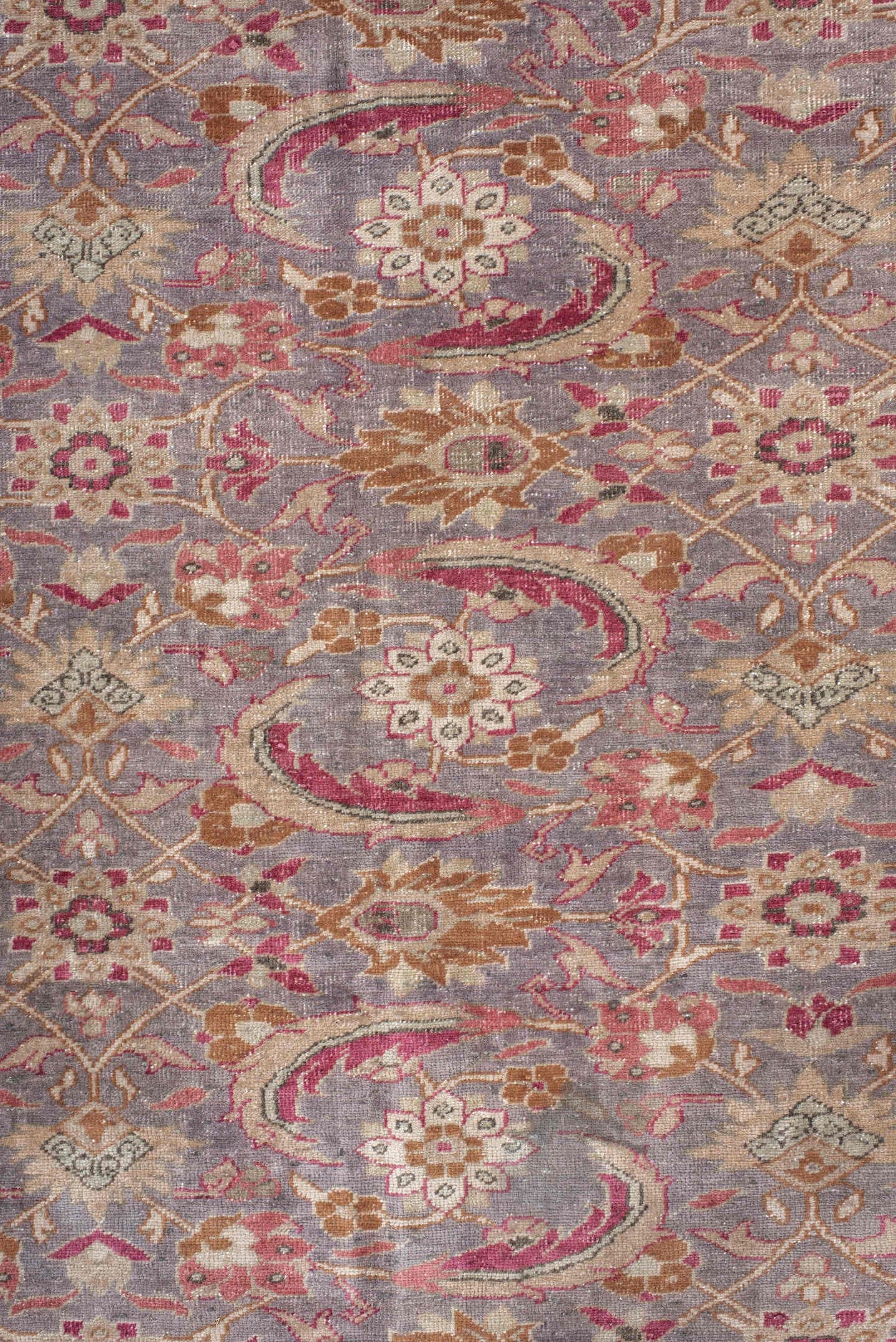 7' x 10' one-of-a-kind handmade antique Sivas large size rug. Color palette: ivory, lavender, rose, rust, gold, taupe, sage