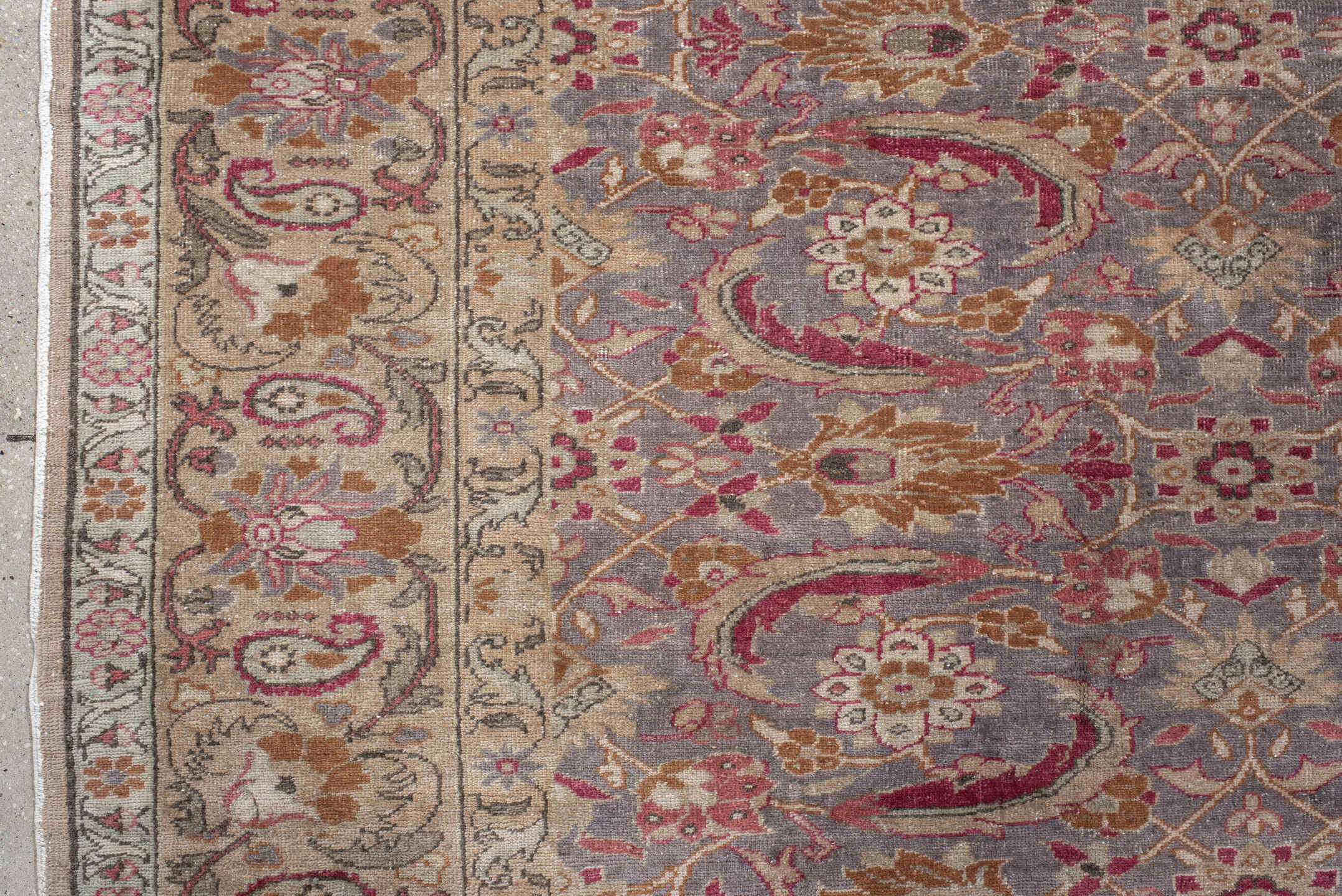 7' x 10' one-of-a-kind handmade antique Sivas large size rug. Color palette: ivory, lavender, rose, rust, gold, taupe, sage