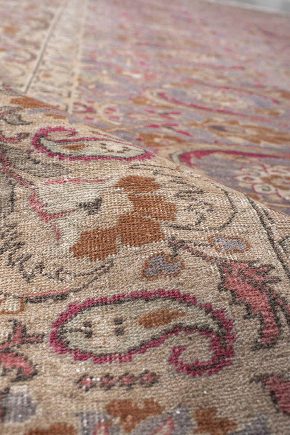 7' x 10' one-of-a-kind handmade antique Sivas large size rug. Color palette: ivory, lavender, rose, rust, gold, taupe, sage