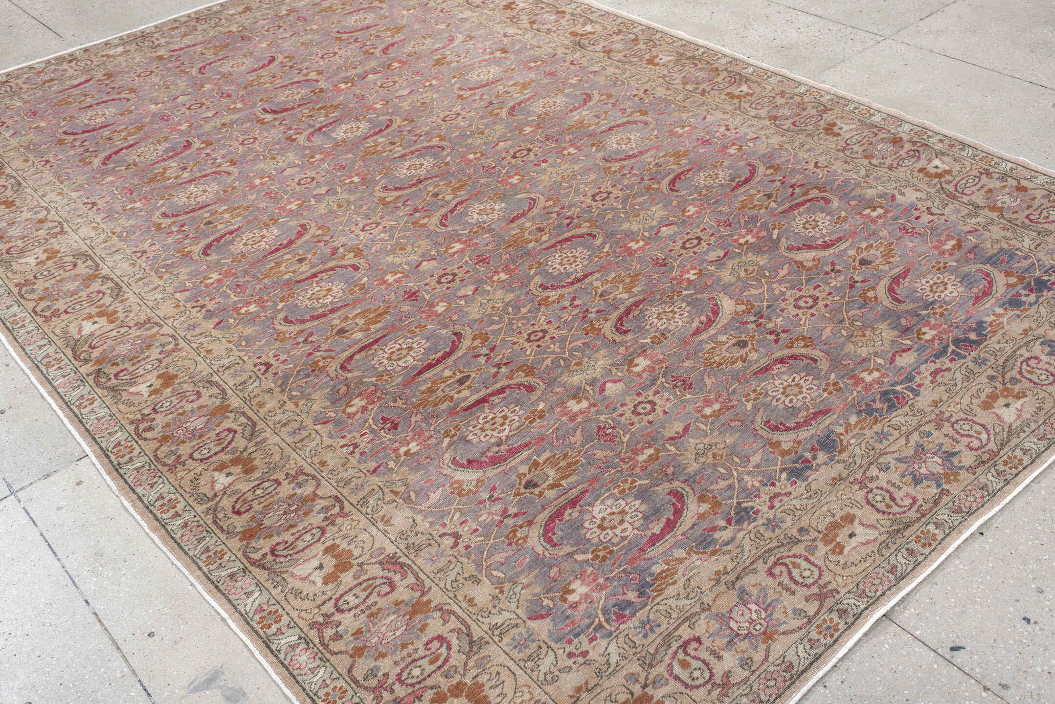 7' x 10' one-of-a-kind handmade antique Sivas large size rug. Color palette: ivory, lavender, rose, rust, gold, taupe, sage