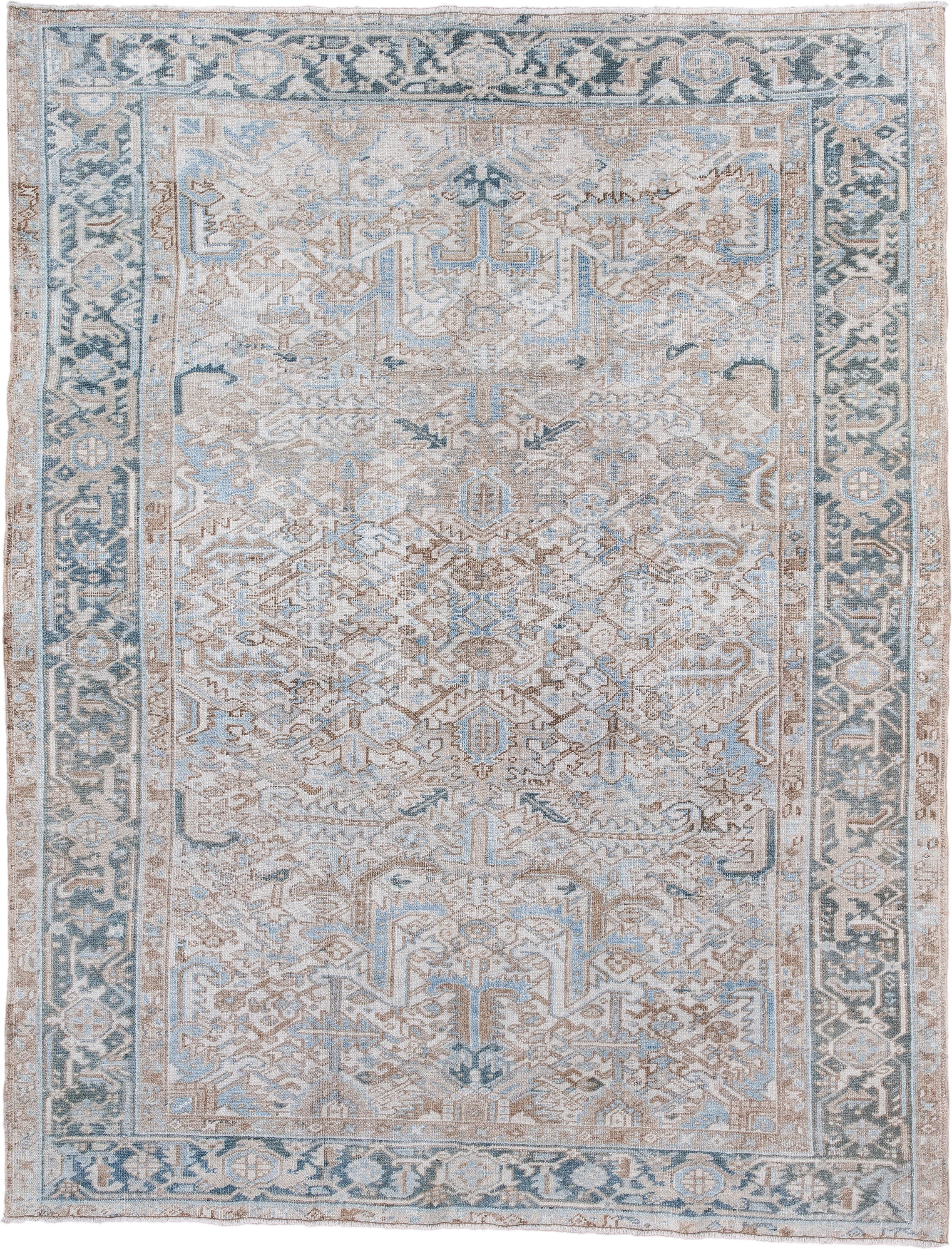 6' x 8' one-of-a-kind handmade vintage Heriz rug. Color palette: ivory, pale blue, taupe, slate, cream, beige, light blue