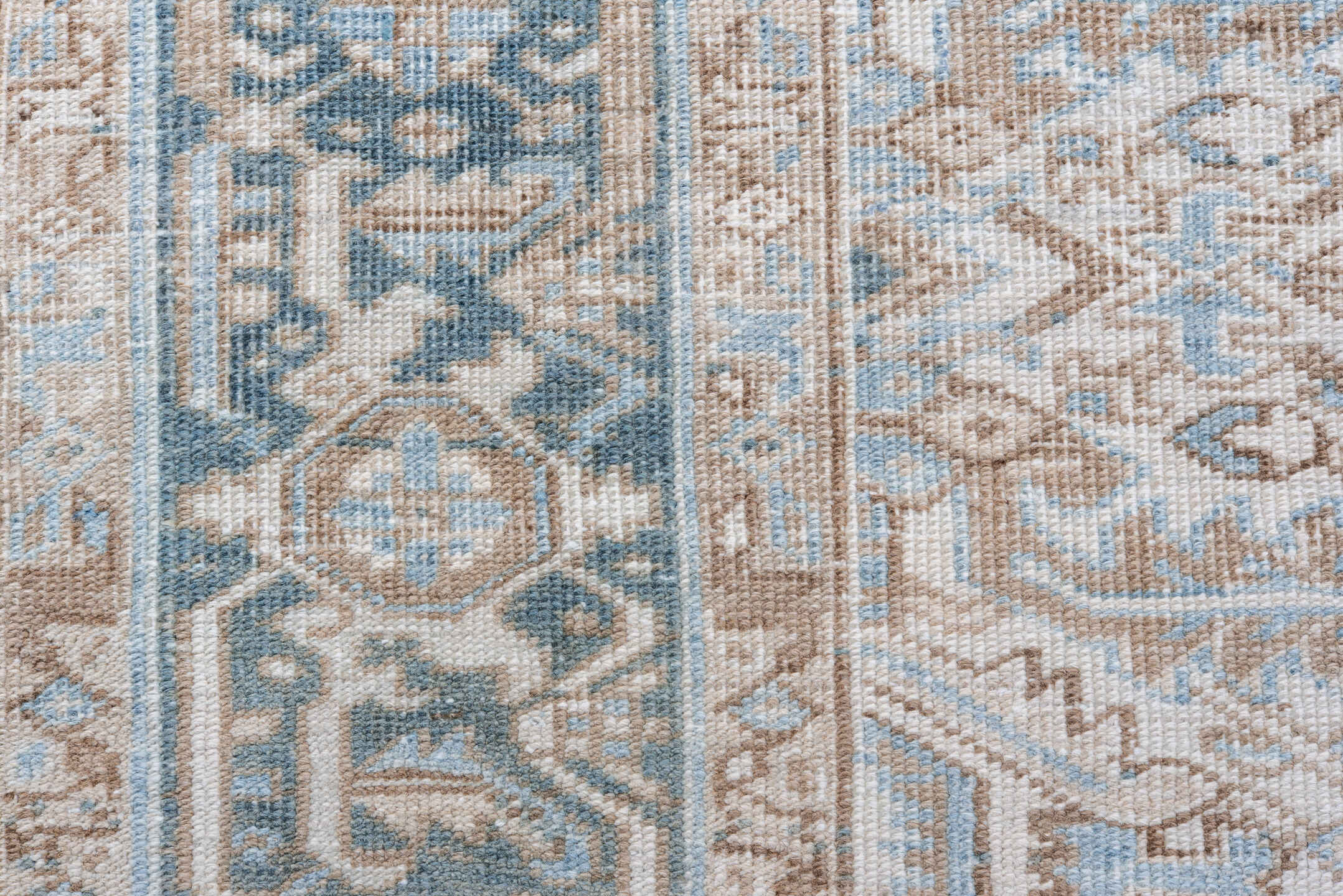6' x 8' one-of-a-kind handmade vintage Heriz rug. Color palette: ivory, pale blue, taupe, slate, cream, beige, light blue