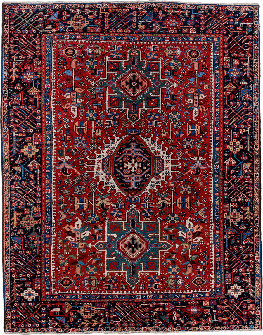 4' x 6' one-of-a-kind handmade vintage Karaje rug. Color palette: red, navy, ivory, sky blue, teal, rose, coral, charcoal
