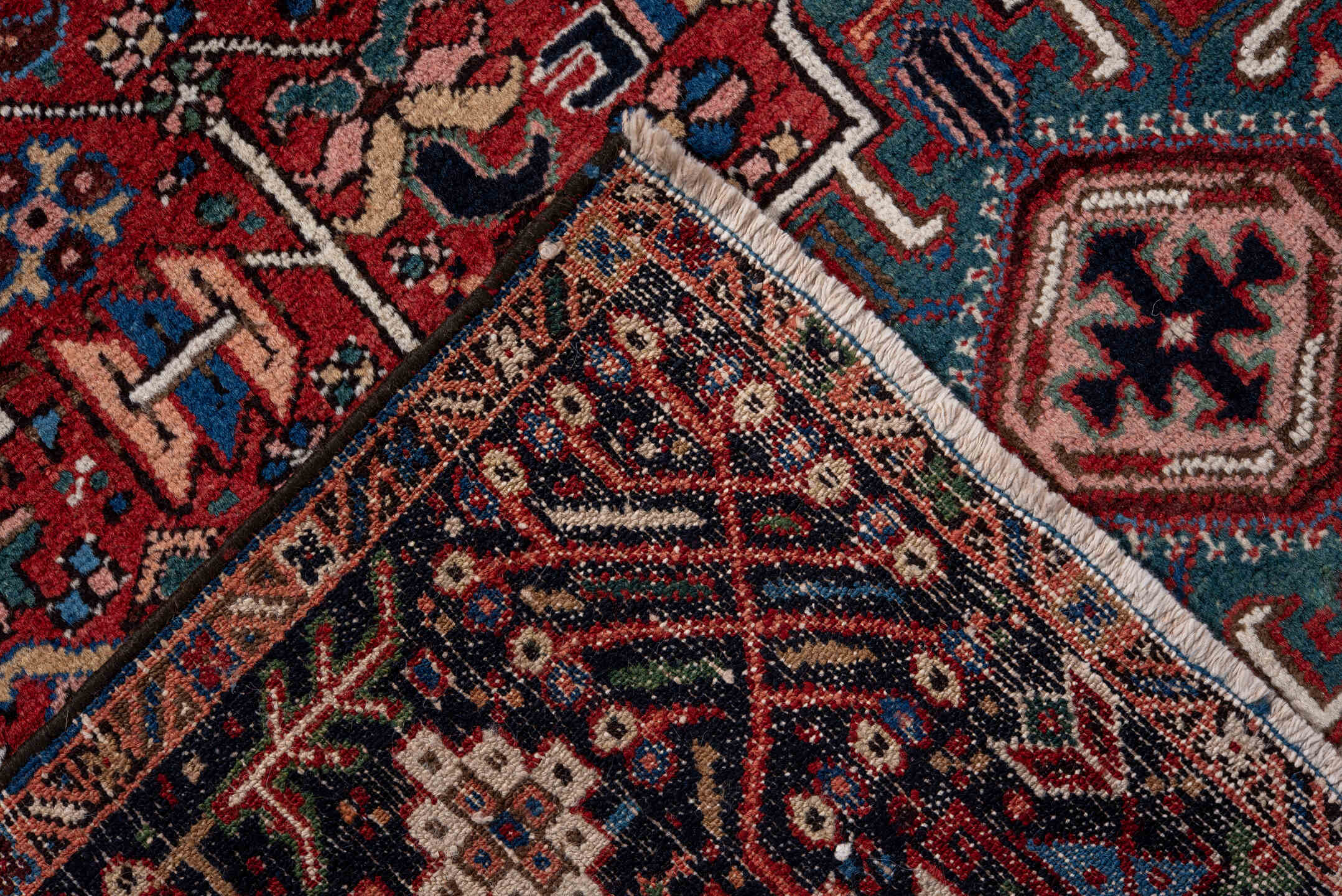 4' x 6' one-of-a-kind handmade vintage Karaje rug. Color palette: red, navy, ivory, sky blue, teal, rose, coral, charcoal