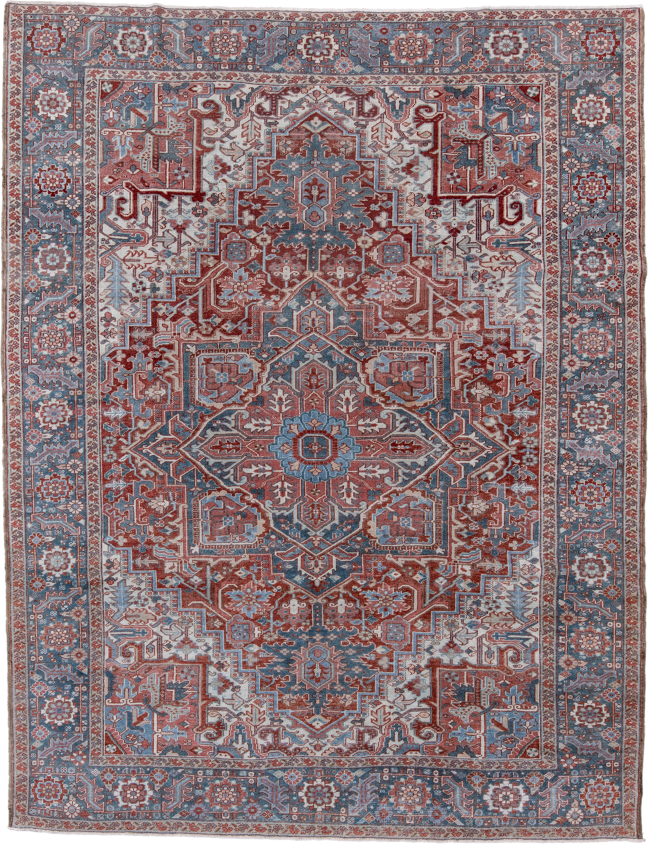 8' x 11' one-of-a-kind handmade antique Heriz large size rug. Color palette: ivory, sky blue, rust, terra cotta, brick