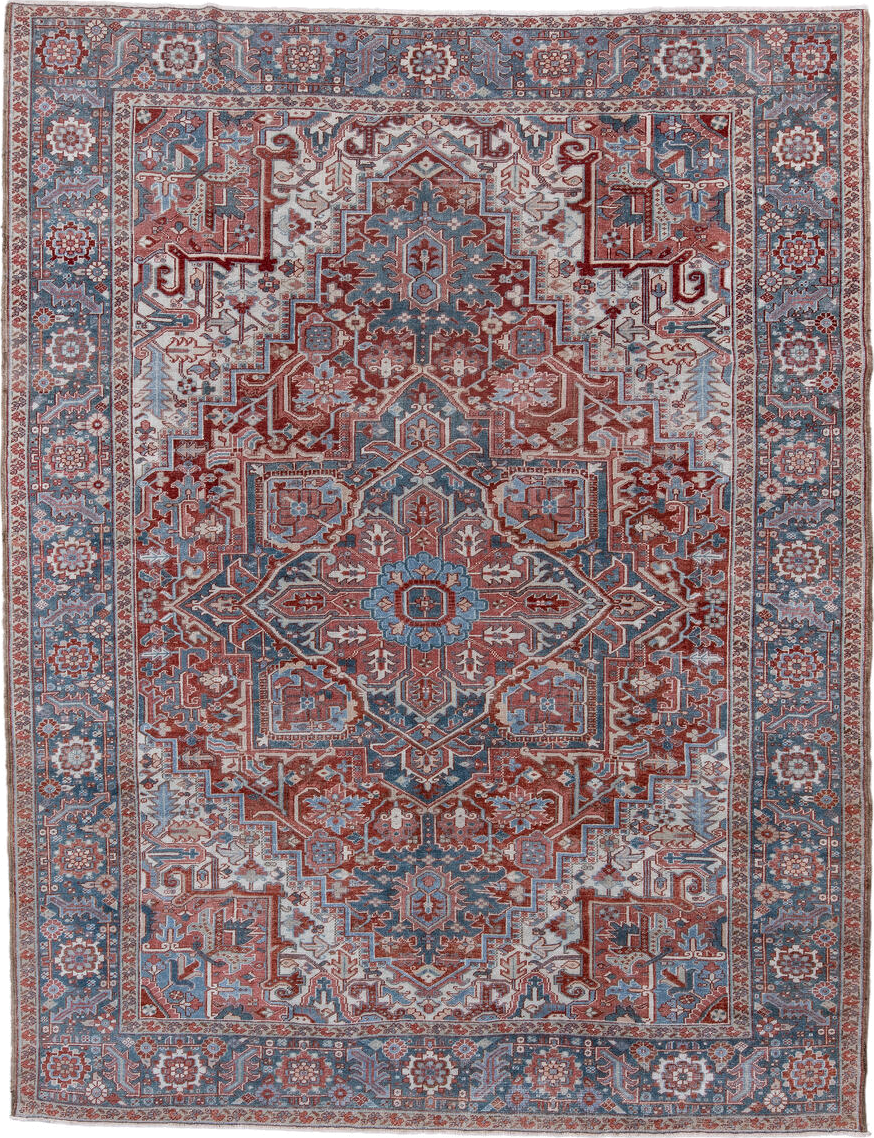8' x 11' one-of-a-kind handmade antique Heriz large size rug. Color palette: ivory, sky blue, rust, terra cotta, brick