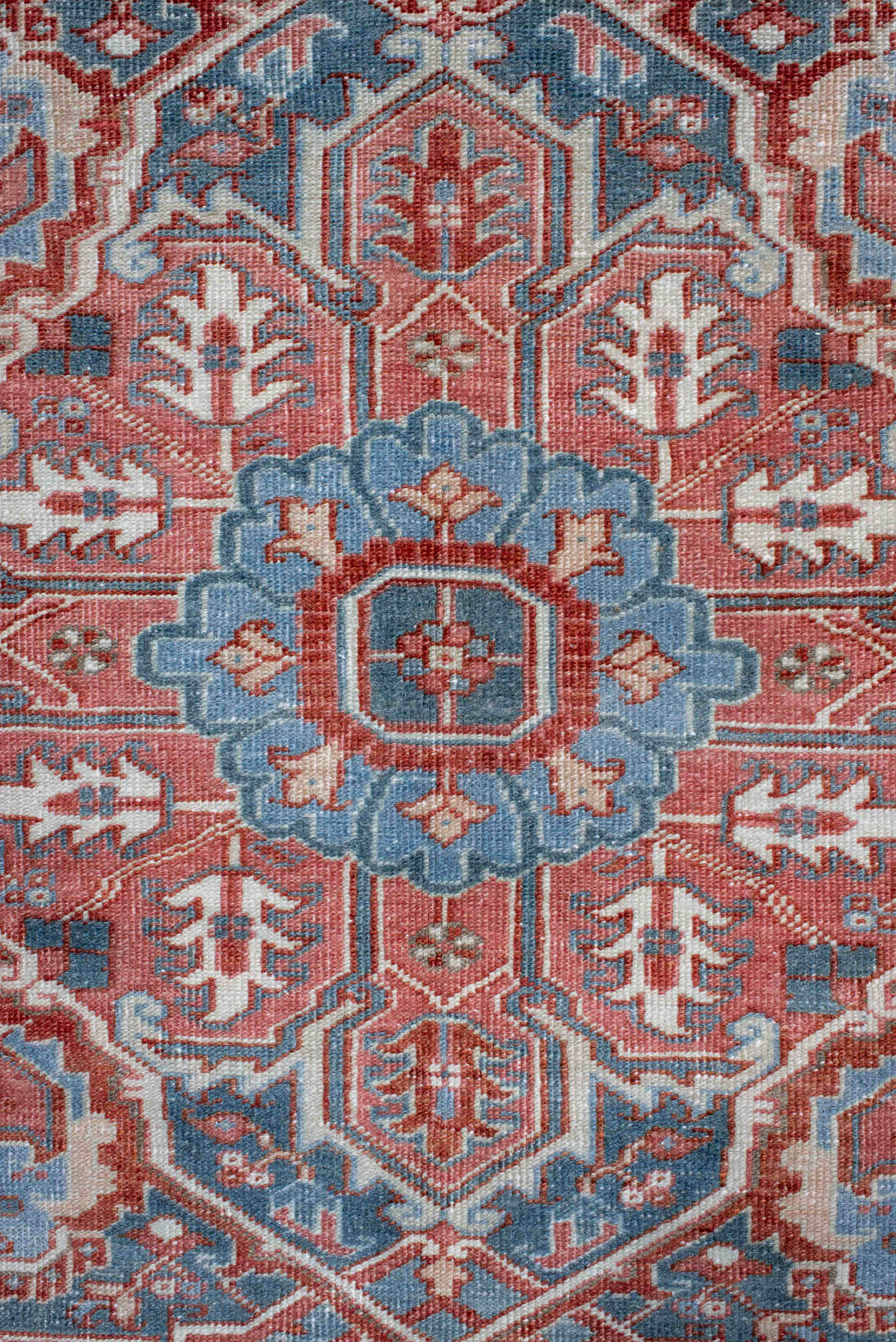 8' x 11' one-of-a-kind handmade antique Heriz large size rug. Color palette: ivory, sky blue, rust, terra cotta, brick