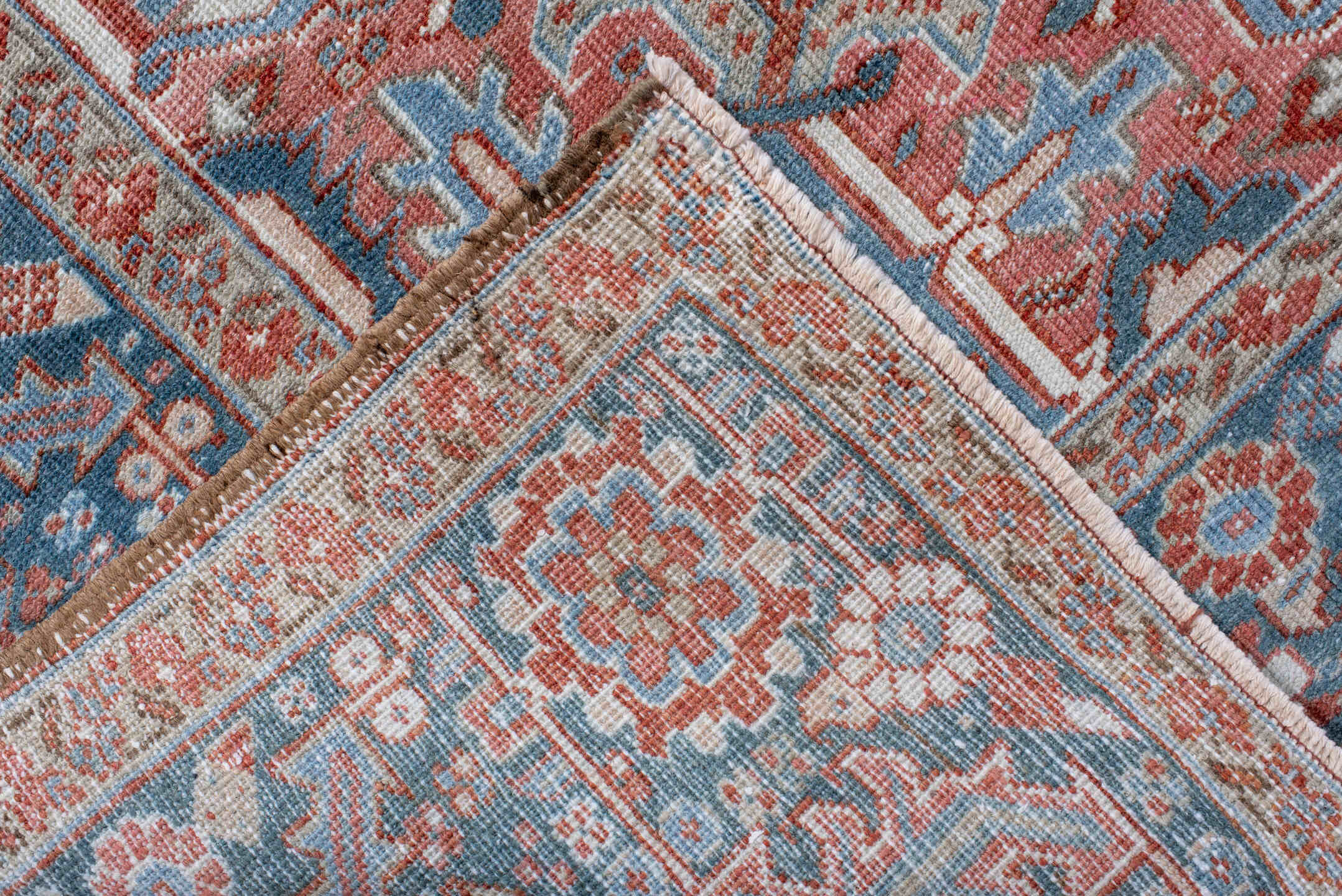 8' x 11' one-of-a-kind handmade antique Heriz large size rug. Color palette: ivory, sky blue, rust, terra cotta, brick