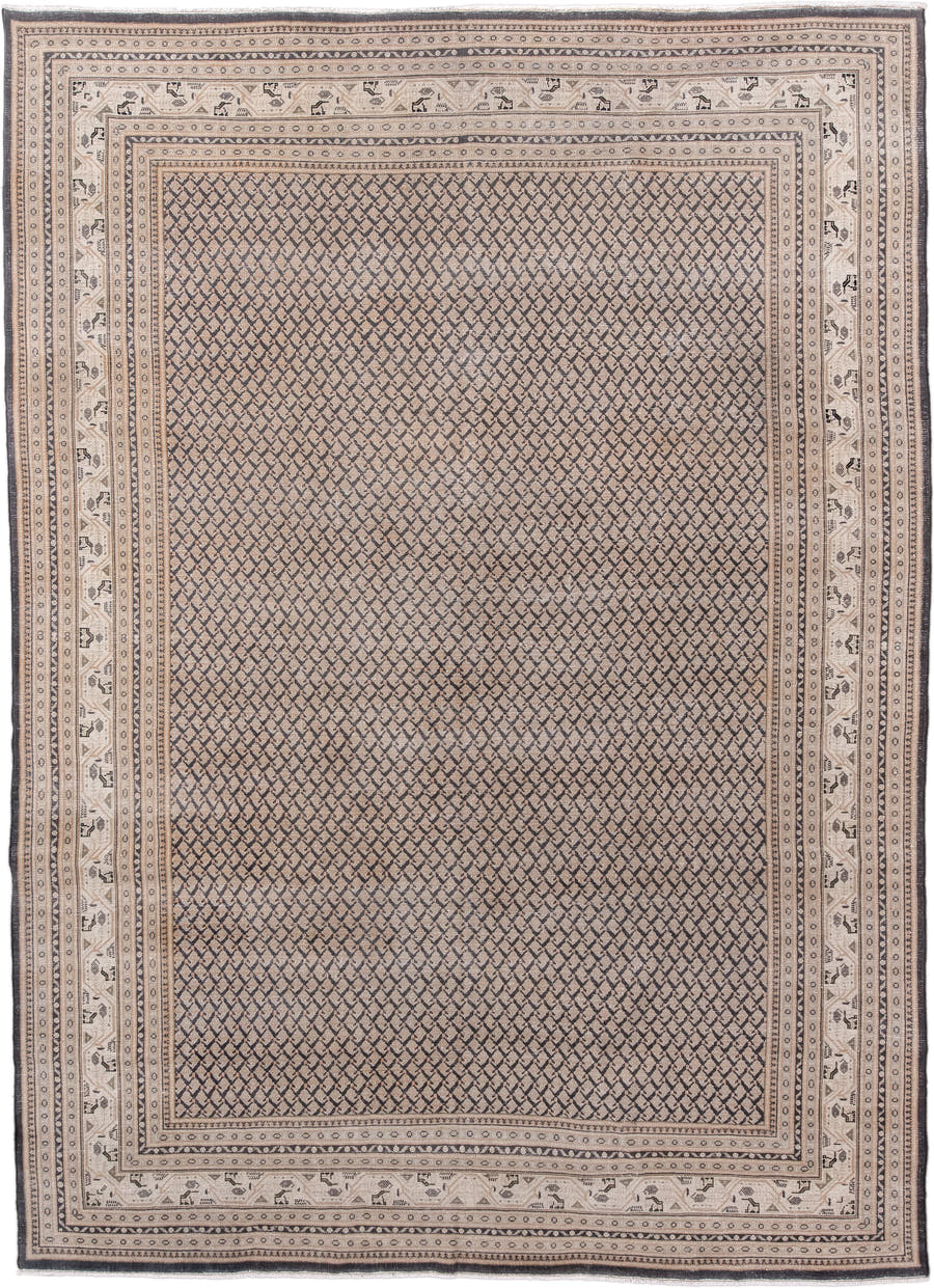 8' x 11' one-of-a-kind handmade vintage Saraband large size rug. Color palette: taupe, ivory, charcoal, camel, brown, beige