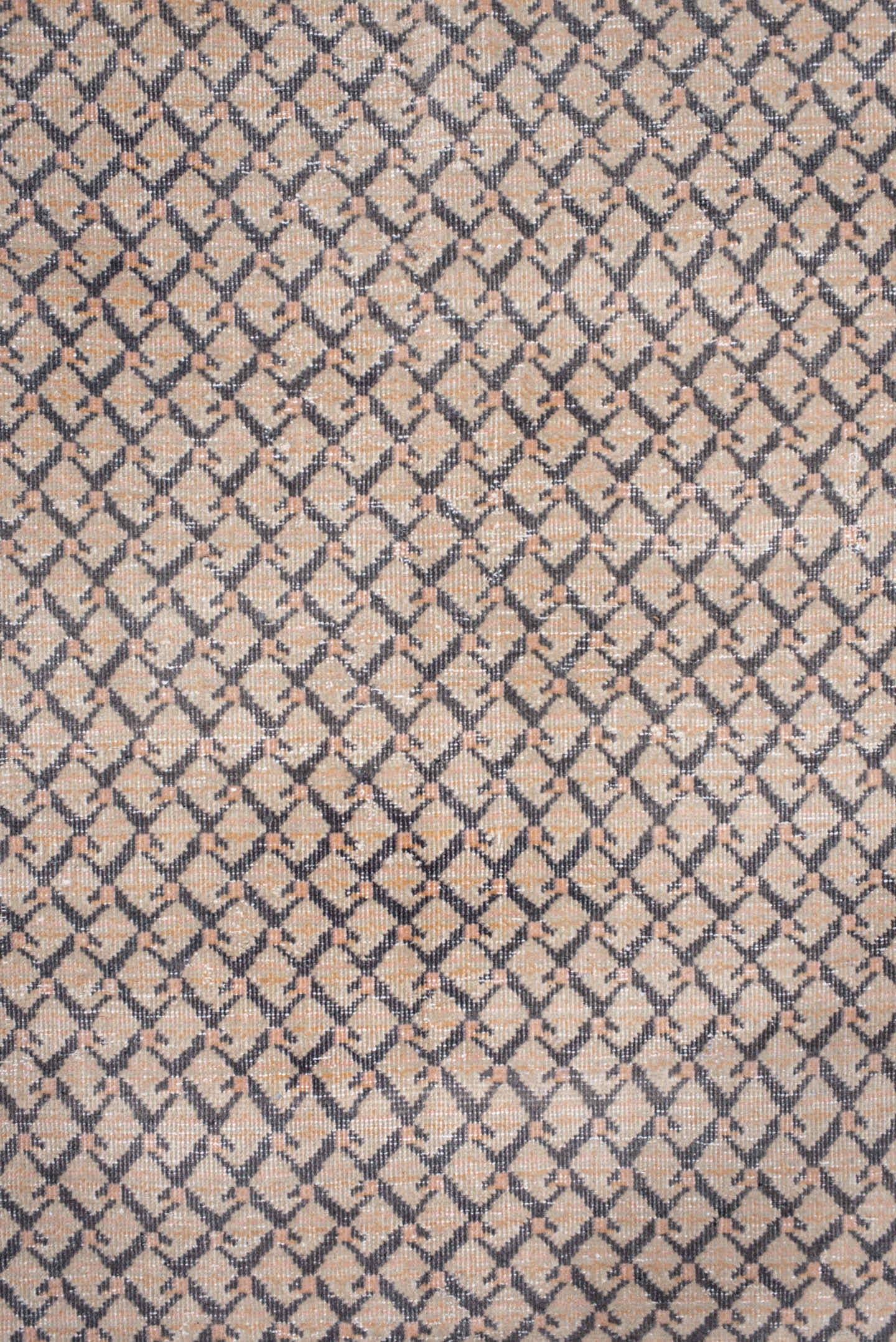 8' x 11' one-of-a-kind handmade vintage Saraband large size rug. Color palette: taupe, ivory, charcoal, camel, brown, beige