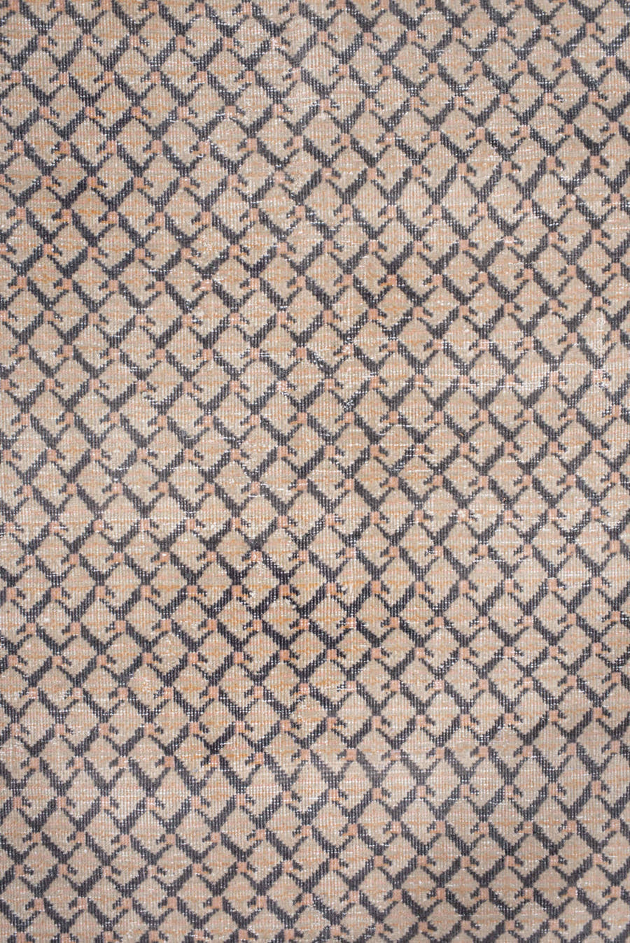 8' x 11' one-of-a-kind handmade vintage Saraband large size rug. Color palette: taupe, ivory, charcoal, camel, brown, beige