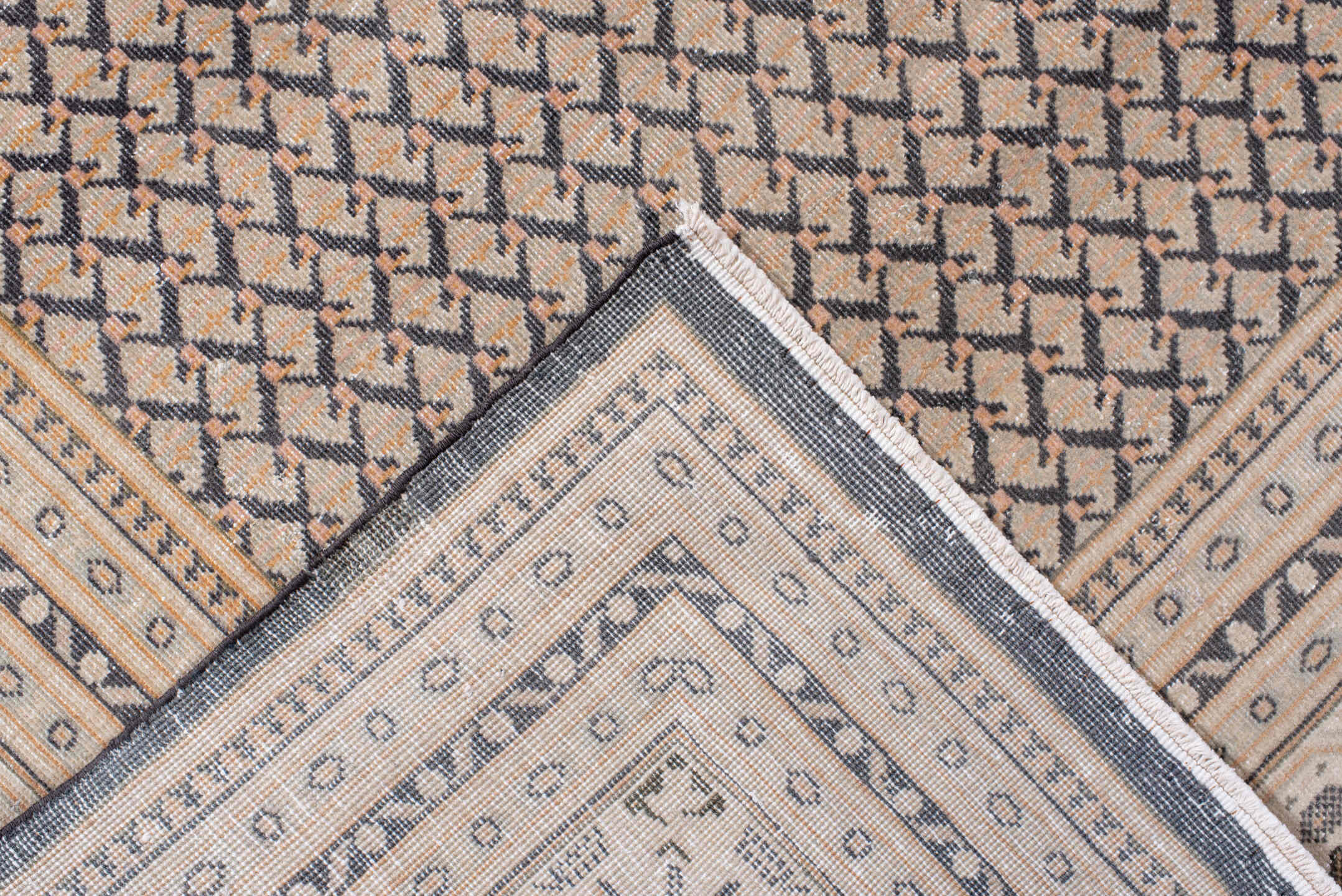 8' x 11' one-of-a-kind handmade vintage Saraband large size rug. Color palette: taupe, ivory, charcoal, camel, brown, beige