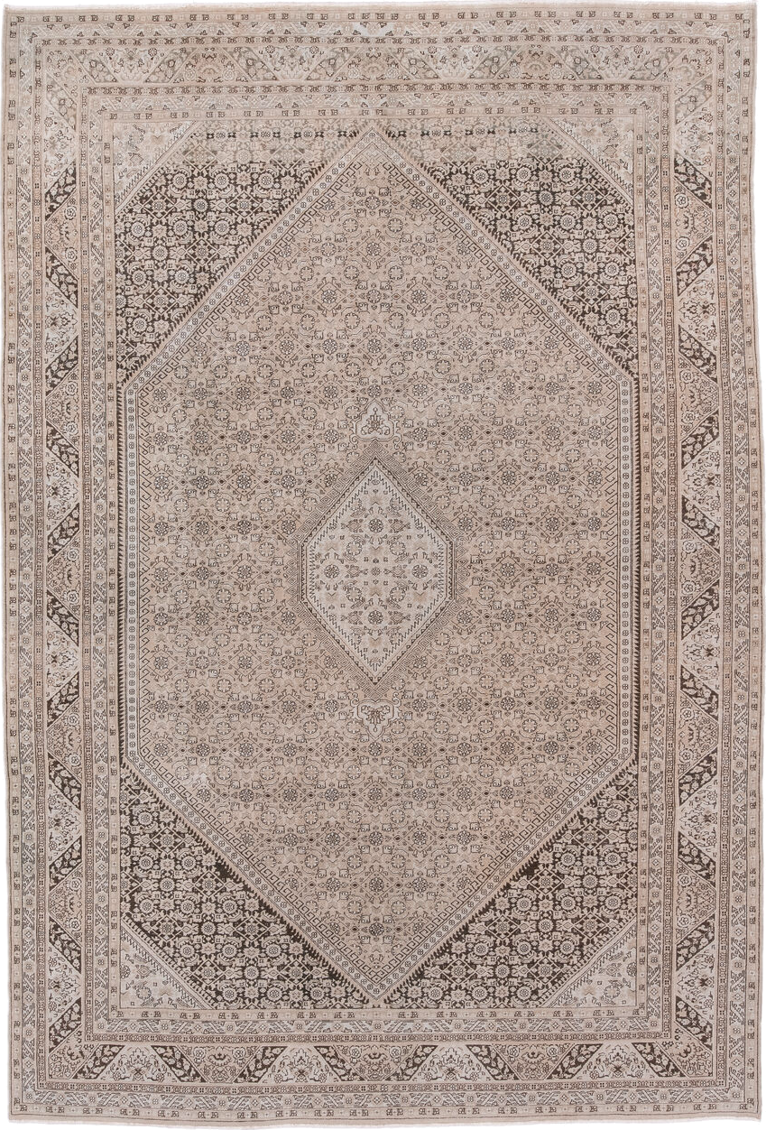 8' x 12' one-of-a-kind handmade antique Tabriz large size rug. Color palette: ivory, taupe, brown, beige, charcoal, gray
