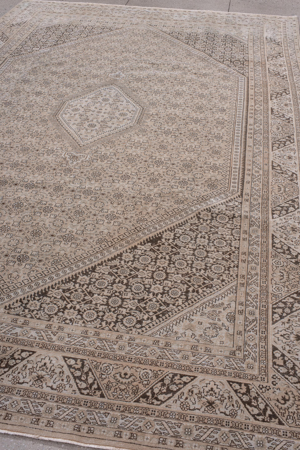 8' x 12' one-of-a-kind handmade antique Tabriz large size rug. Color palette: ivory, taupe, brown, beige, charcoal, gray