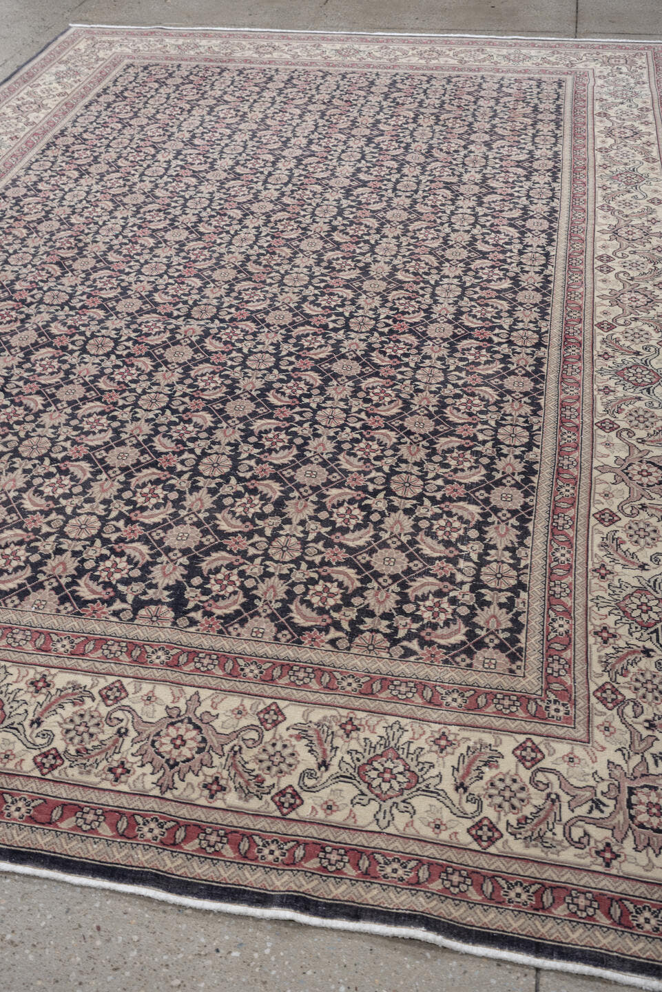 0' x 0' one-of-a-kind handmade vintage Sivas small size rug. Color palette: navy, ivory, terracotta, rose, taupe, charcoal