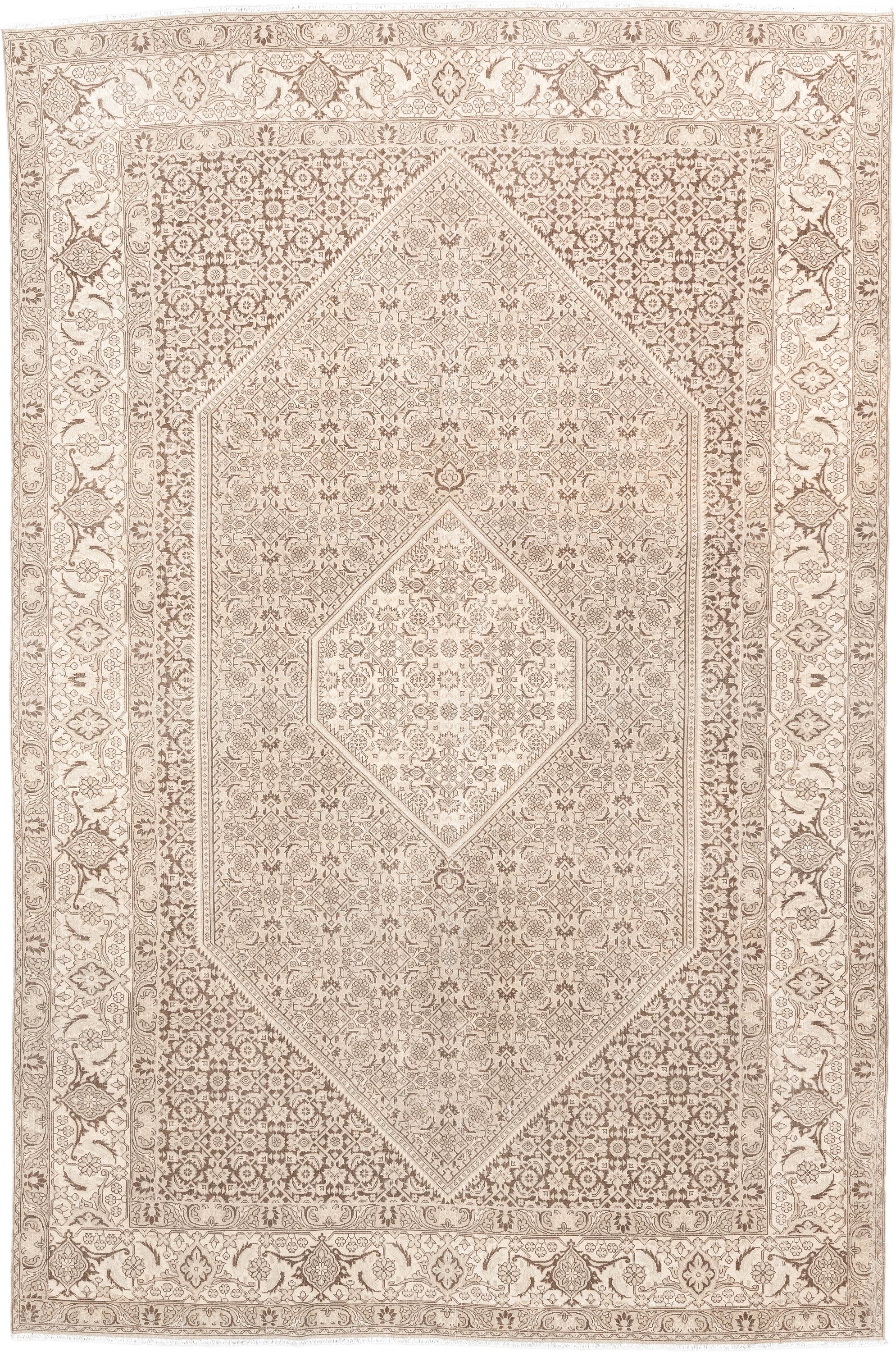 6' x 9' one-of-a-kind handmade antique Bidjar medium size rug. Color palette: ivory, taupe, beige, camel, sand, gray