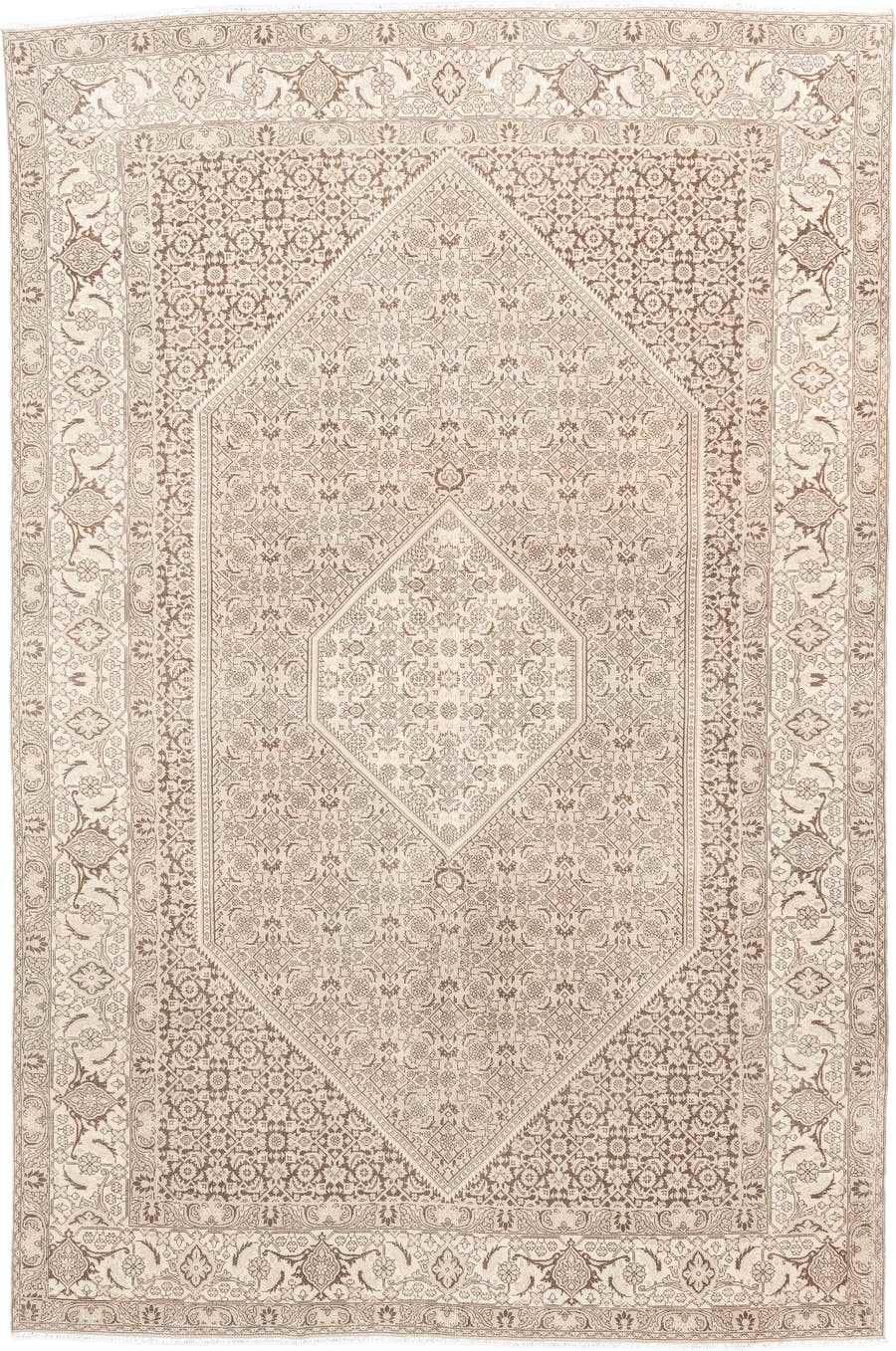 6' x 9' one-of-a-kind handmade antique Bidjar medium size rug. Color palette: ivory, taupe, beige, camel, sand, gray