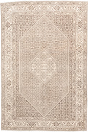 6' x 9' one-of-a-kind handmade antique Bidjar medium size rug. Color palette: ivory, taupe, beige, camel, sand, gray