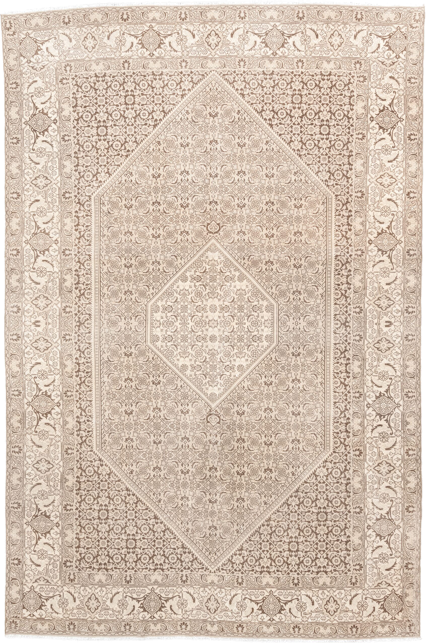 6' x 9' one-of-a-kind handmade antique Bidjar medium size rug. Color palette: ivory, taupe, beige, camel, sand, gray