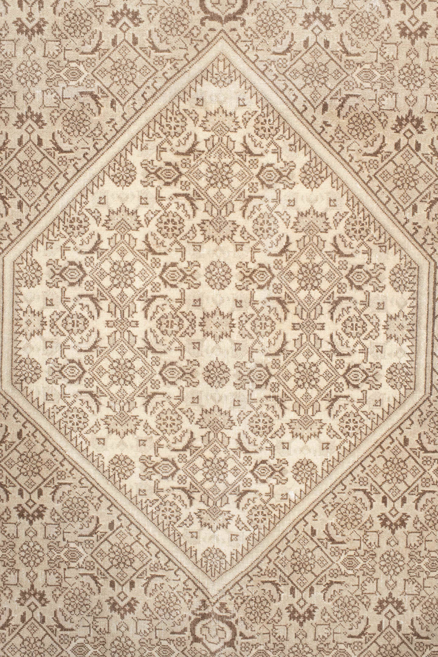 6' x 9' one-of-a-kind handmade antique Bidjar medium size rug. Color palette: ivory, taupe, beige, camel, sand, gray