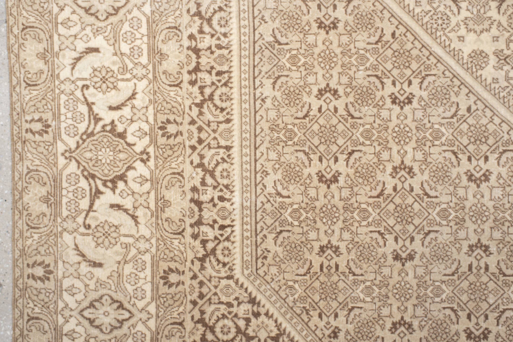 6' x 9' one-of-a-kind handmade antique Bidjar medium size rug. Color palette: ivory, taupe, beige, camel, sand, gray