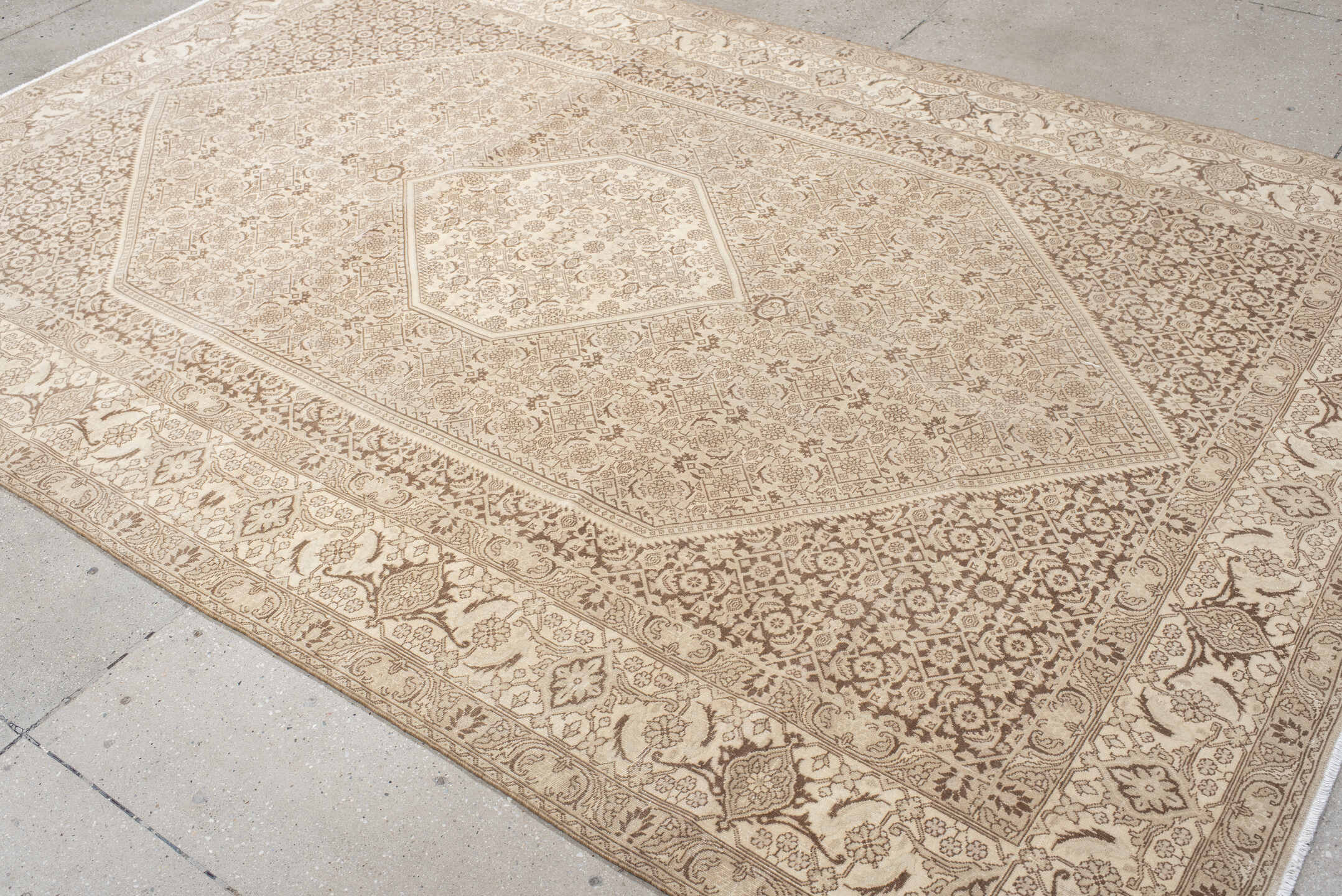 6' x 9' one-of-a-kind handmade antique Bidjar medium size rug. Color palette: ivory, taupe, beige, camel, sand, gray