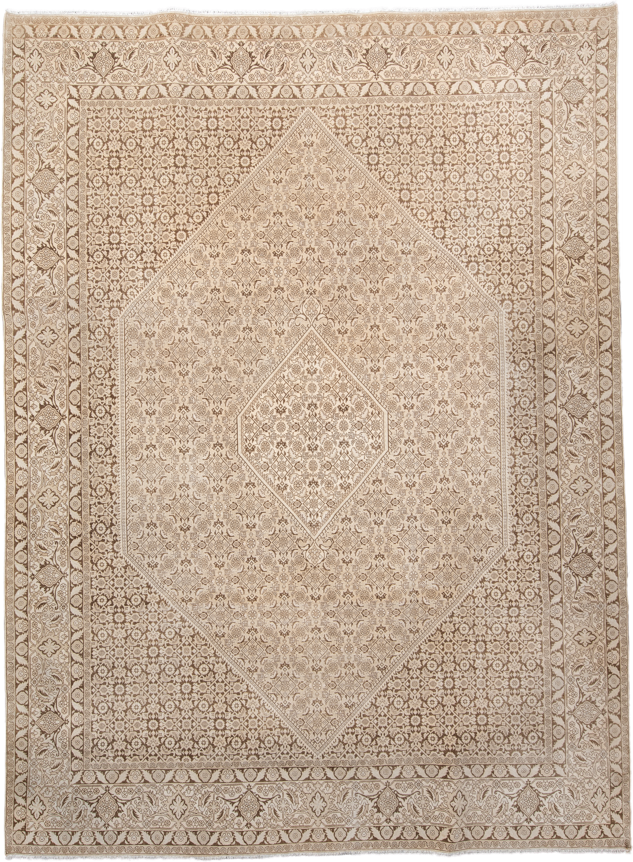 8' x 10' one-of-a-kind handmade antique Bidjar large size rug. Color palette: ivory, taupe, camel, beige, sand, gray