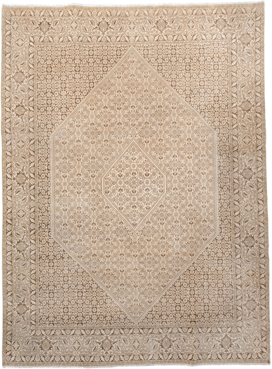 8' x 10' one-of-a-kind handmade antique Bidjar large size rug. Color palette: ivory, taupe, camel, beige, sand, gray