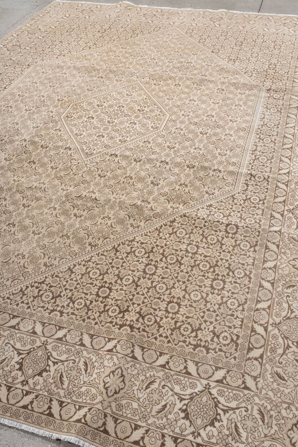 8' x 10' one-of-a-kind handmade antique Bidjar large size rug. Color palette: ivory, taupe, camel, beige, sand, gray