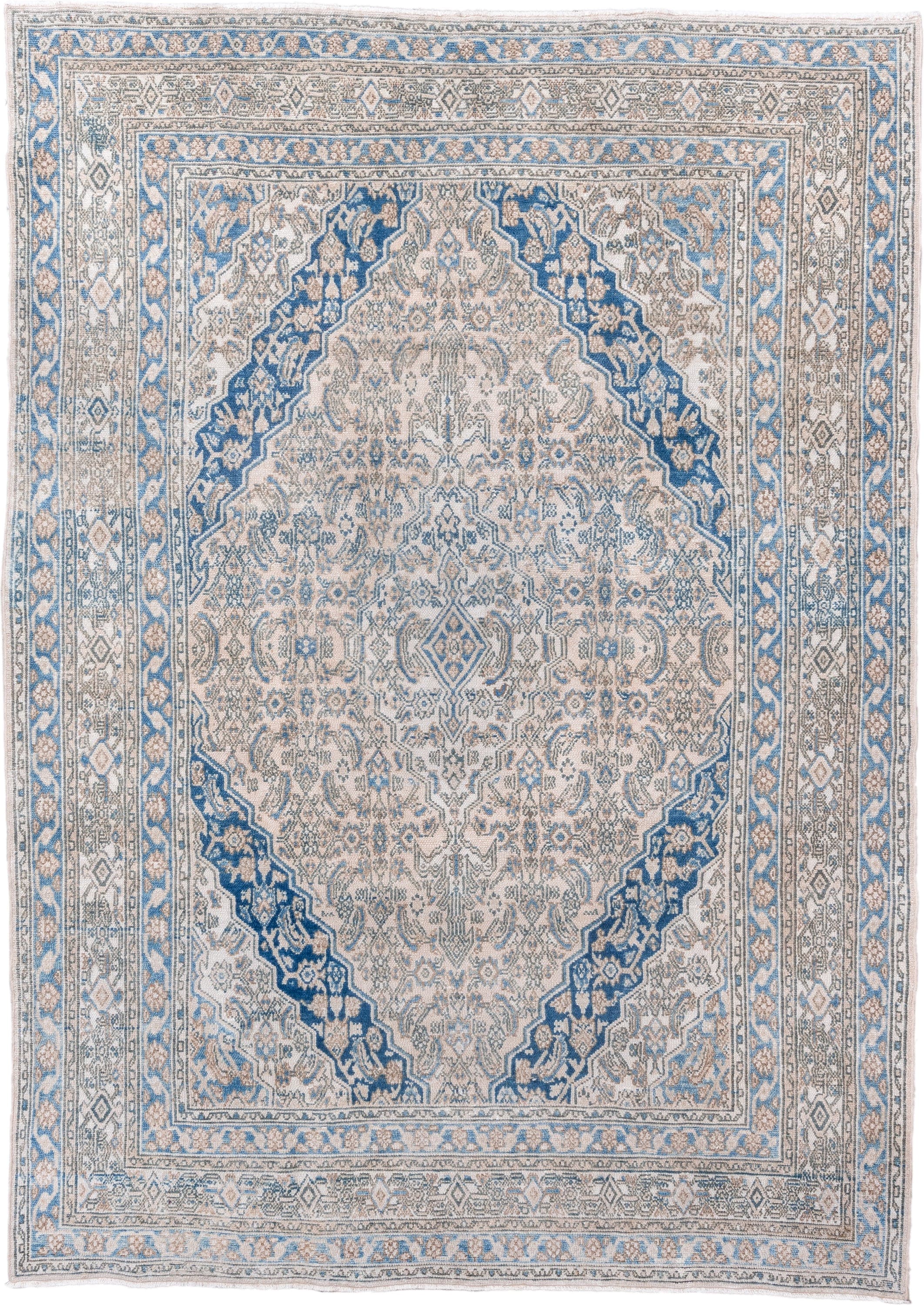 7' x 9' one-of-a-kind handmade vintage Hamadan rug. Color palette: ivory, sky blue, cobalt, taupe, slate, cream, light blue