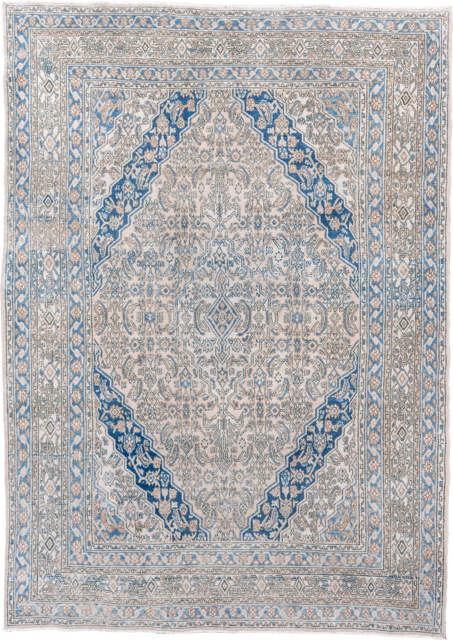 7' x 9' one-of-a-kind handmade vintage Hamadan rug. Color palette: ivory, sky blue, cobalt, taupe, slate, cream, light blue