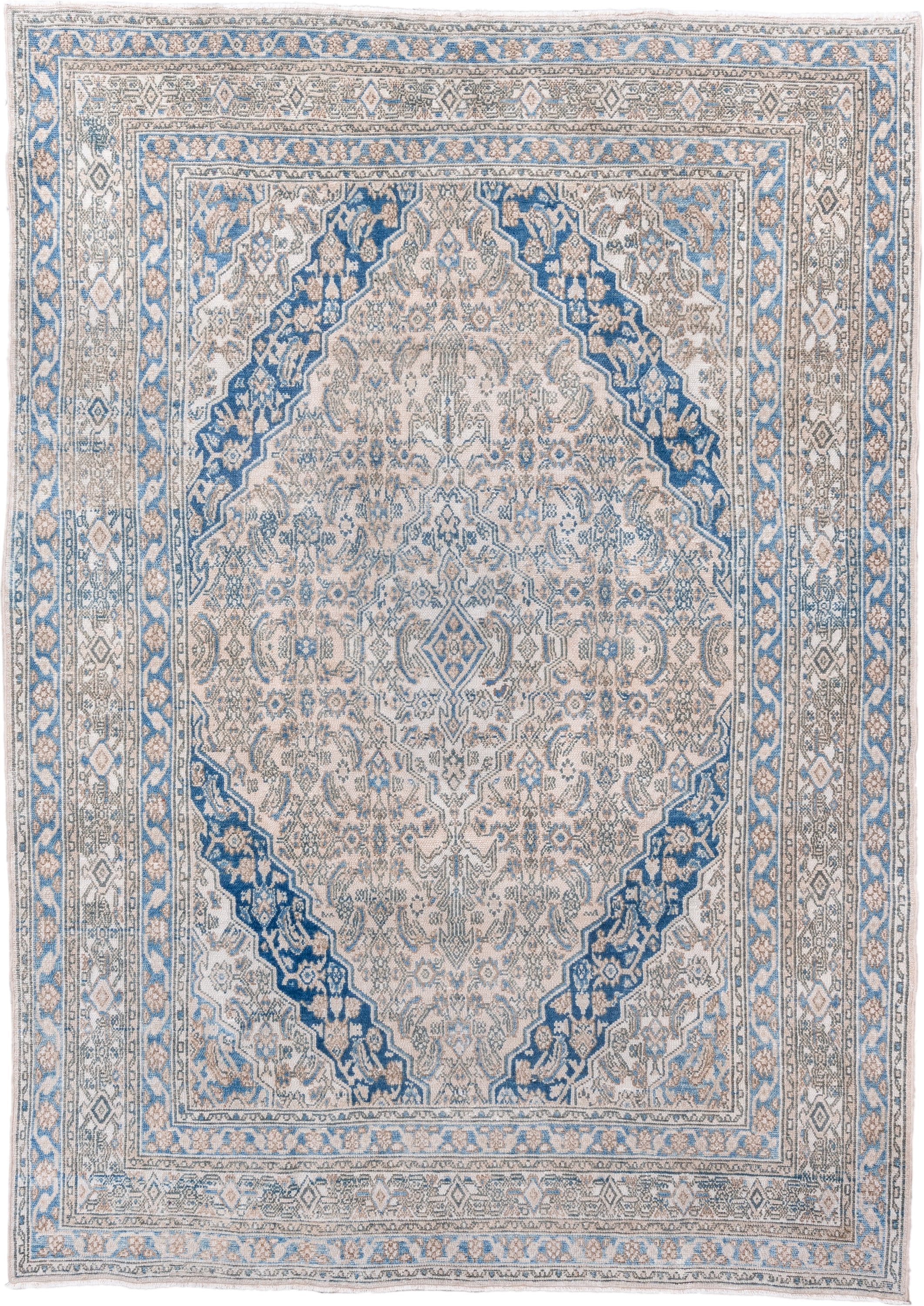 7' x 9' one-of-a-kind handmade vintage Hamadan rug. Color palette: ivory, sky blue, cobalt, taupe, slate, cream, light blue
