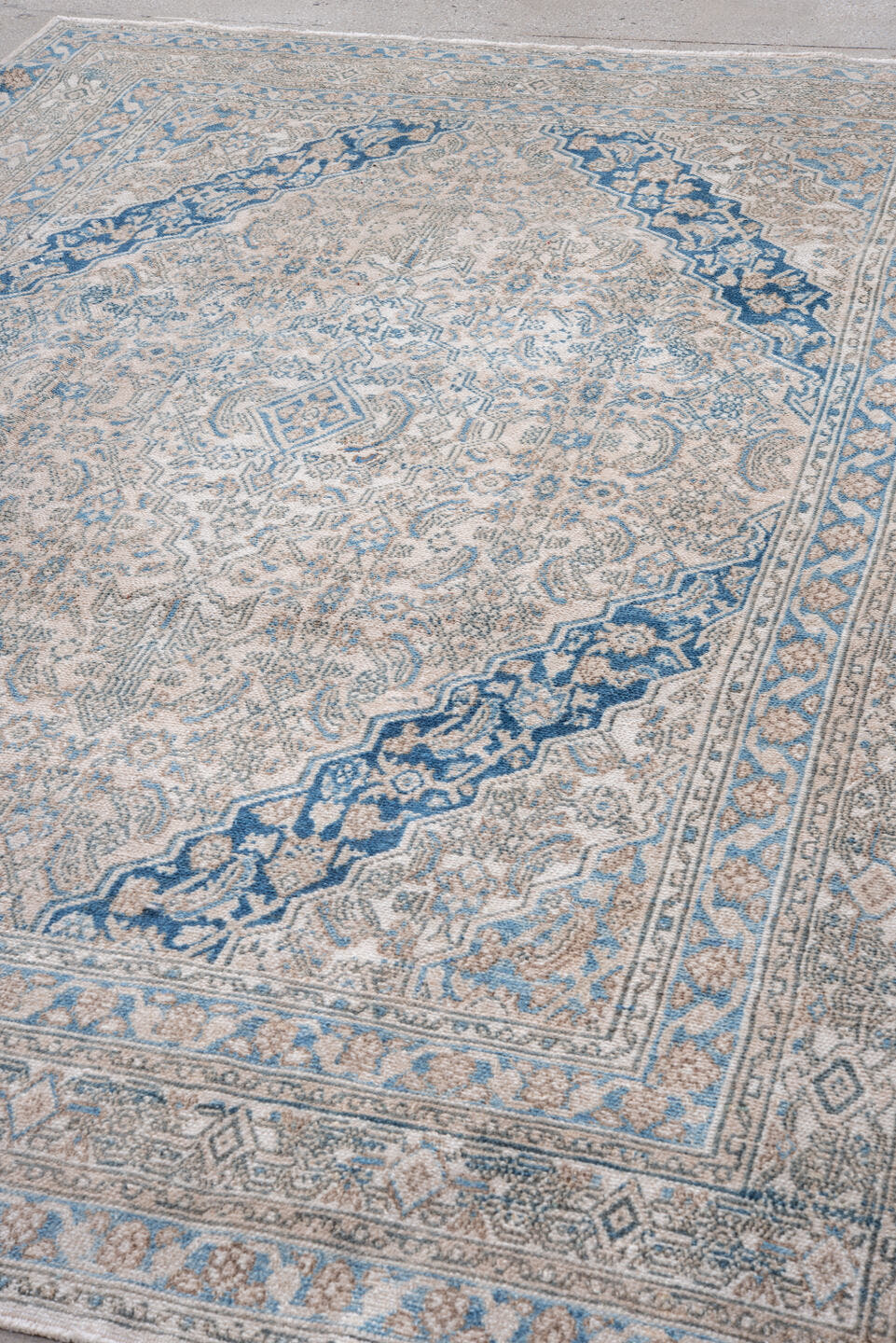 7' x 9' one-of-a-kind handmade vintage Hamadan rug. Color palette: ivory, sky blue, cobalt, taupe, slate, cream, light blue