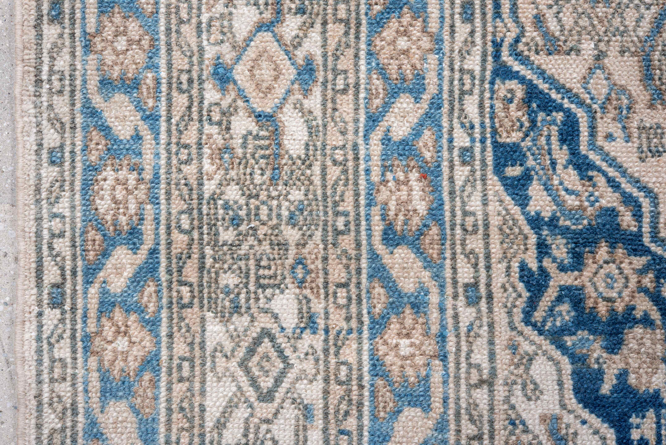 7' x 9' one-of-a-kind handmade vintage Hamadan rug. Color palette: ivory, sky blue, cobalt, taupe, slate, cream, light blue