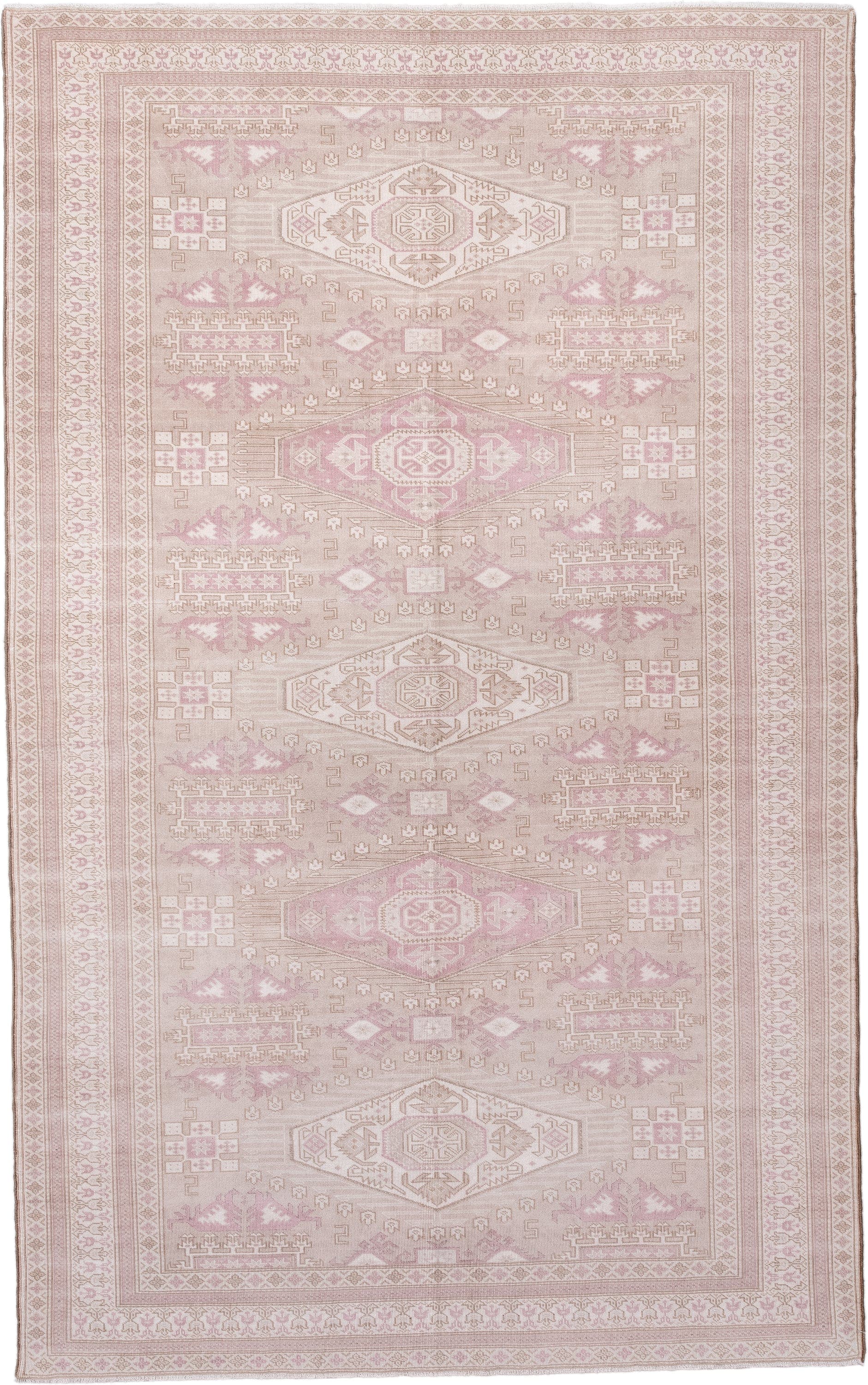 5' x 8' one-of-a-kind handmade antique Sivas medium size rug. Color palette: ivory, blush, rose, taupe, beige, pink, red