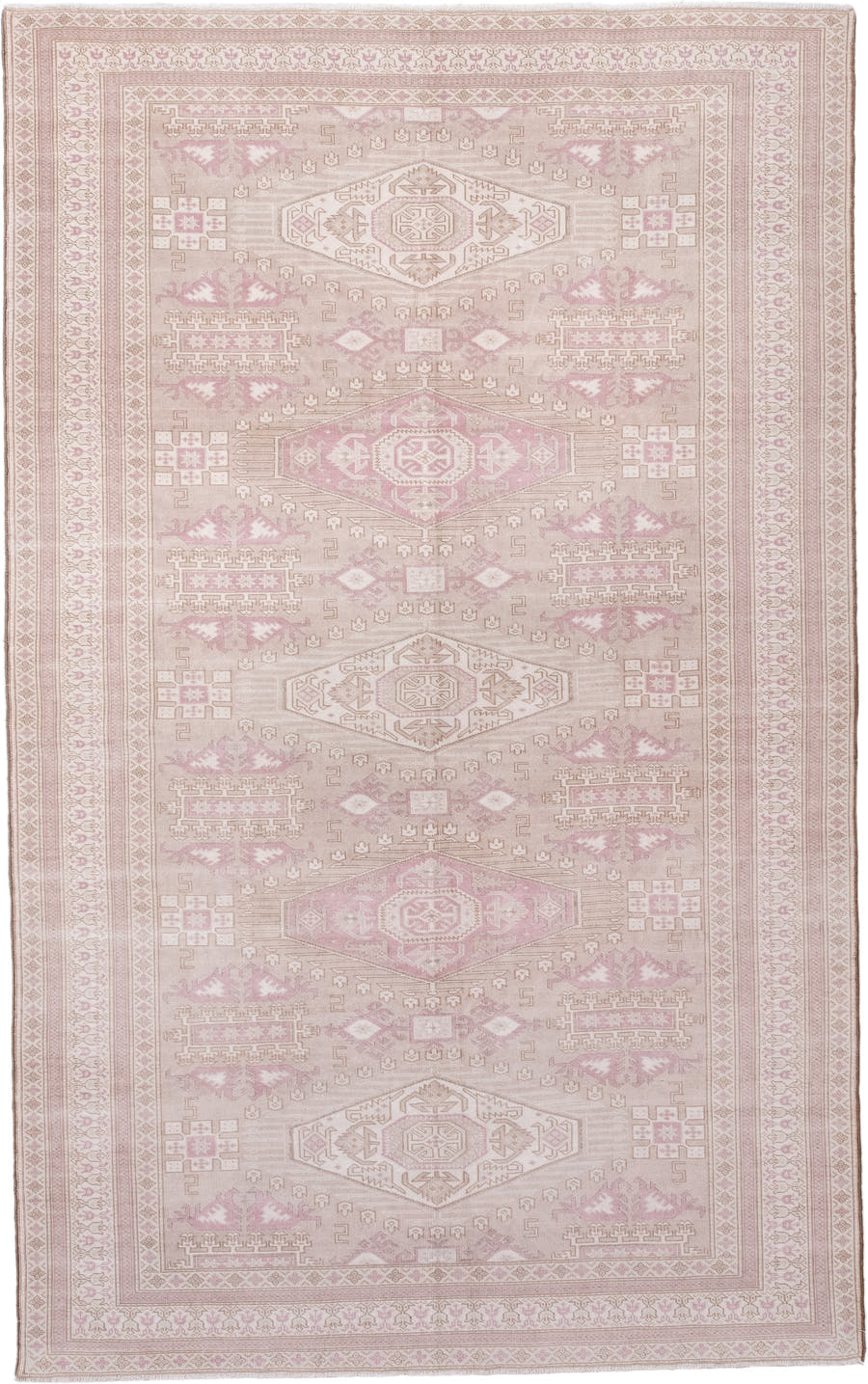 5' x 8' one-of-a-kind handmade antique Sivas medium size rug. Color palette: ivory, blush, rose, taupe, beige, pink, red