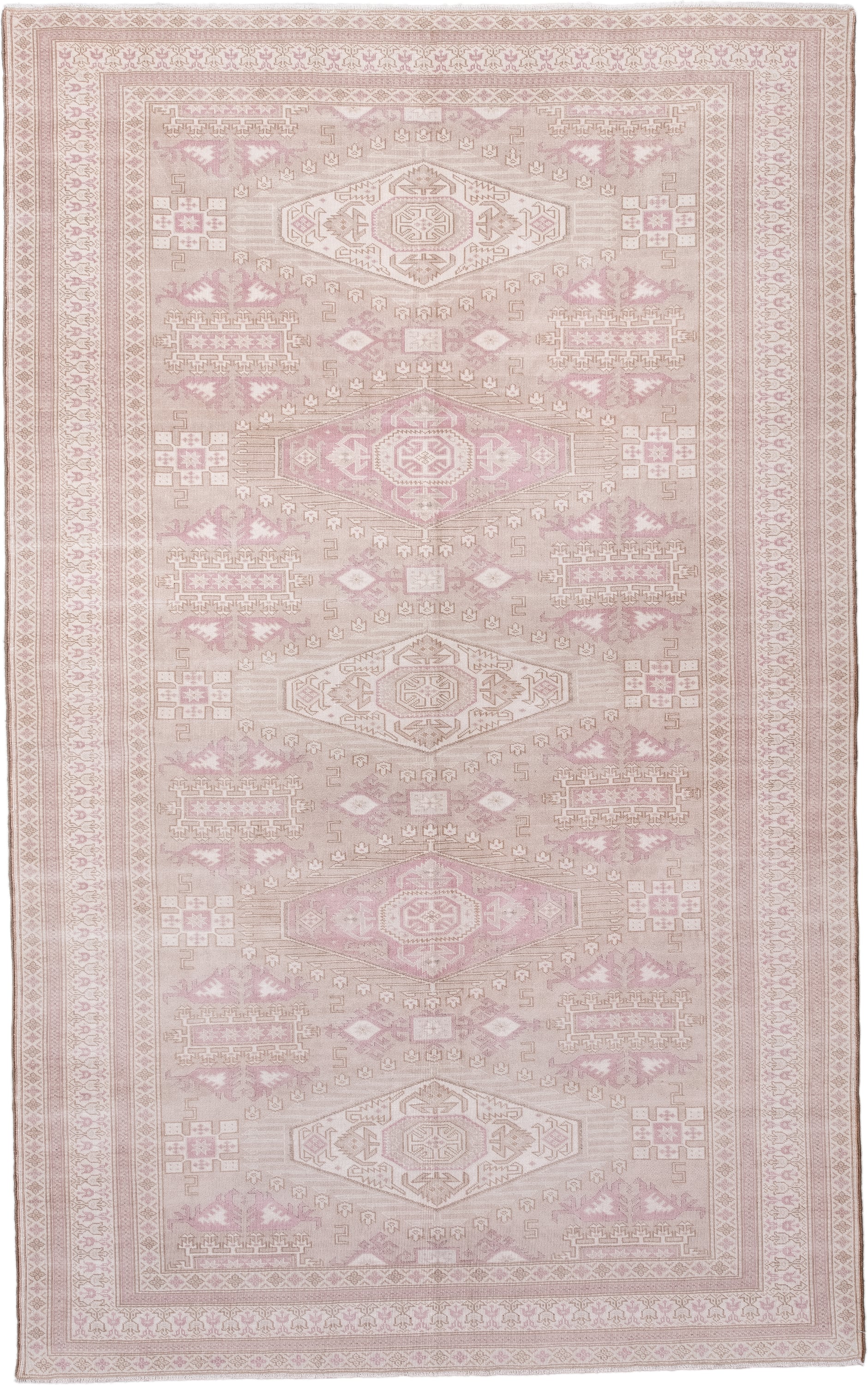 5' x 8' one-of-a-kind handmade antique Sivas medium size rug. Color palette: ivory, blush, rose, taupe, beige, pink, red