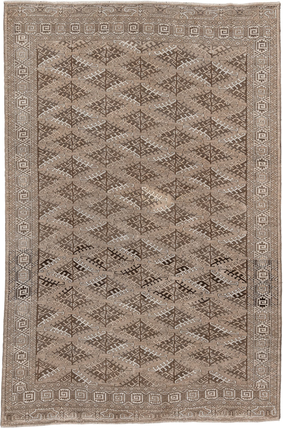 6' x 9' one-of-a-kind handmade antique Yamoud large size rug. Color palette: taupe, camel, ivory, brown, sand, charcoal
