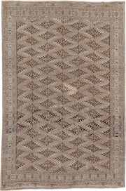 6' x 9' one-of-a-kind handmade antique Yamoud large size rug. Color palette: taupe, camel, ivory, brown, sand, charcoal