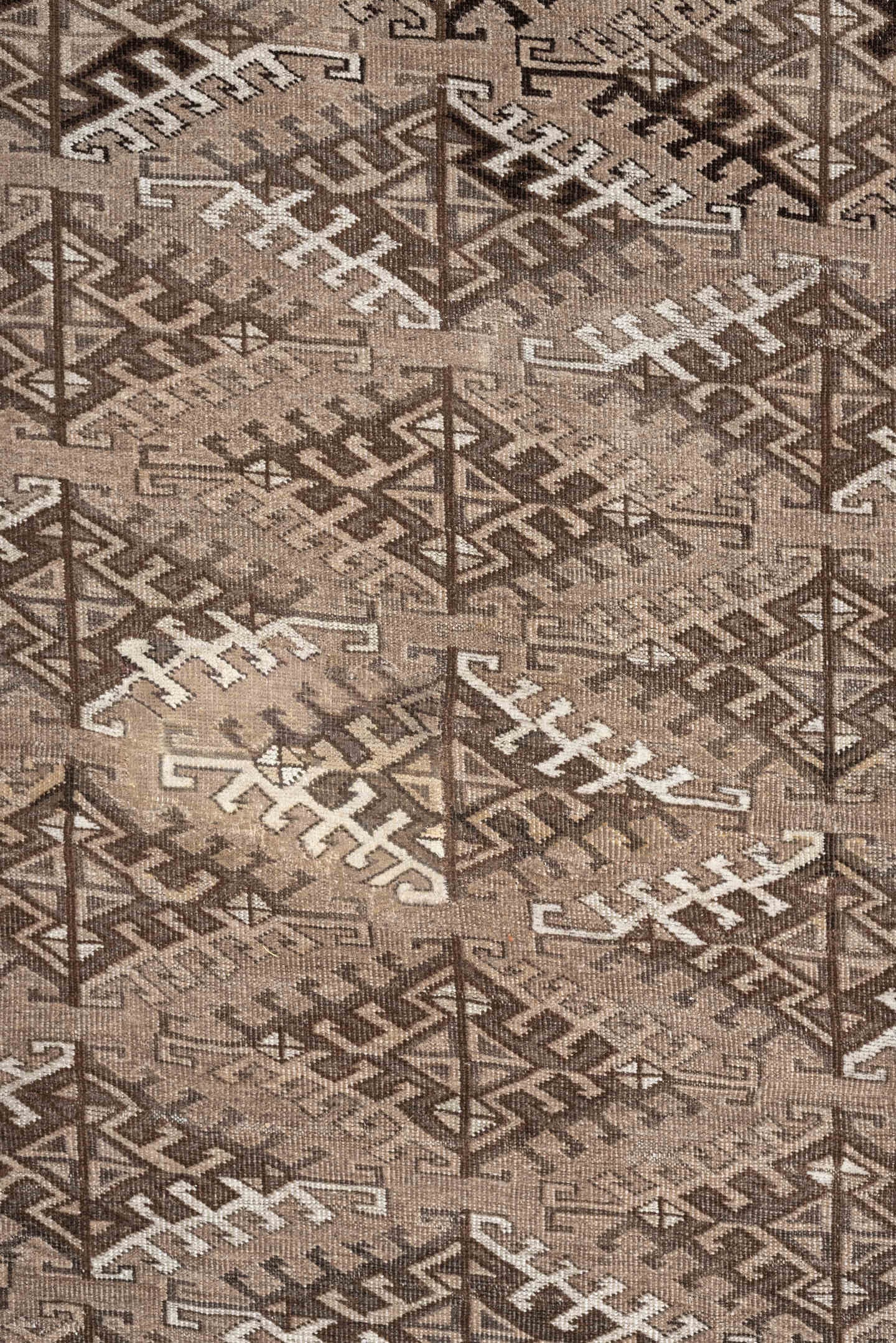 6' x 9' one-of-a-kind handmade antique Yamoud large size rug. Color palette: taupe, camel, ivory, brown, sand, charcoal